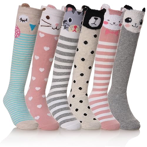 FNOVCO Girls Knee High Socks Kids Crazy Fun Gift Cute Animal Patterns Cotton Long Socks 6 Pairs - 3-12 Years - 6 Pairs Animal