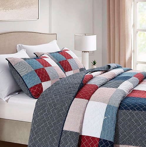 Vista 83 de Chezmoi Collection Samuel Juego de colcha con relleno de cuadros gris pardo, blanco y azul marino, 3 piezas, retales, algodón prelavado, ligero