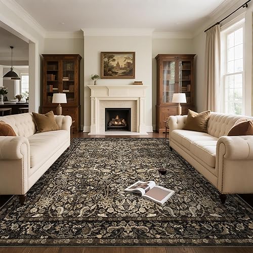 Brown 9x12 Area Rug: Vintage Floral Washable Rugs for Living Room Bedroom Dining Room Under Kitchen Table Office - Soft Non-Slip Stain Resistant Low Pile Carpet Indoor - Brown and Gold