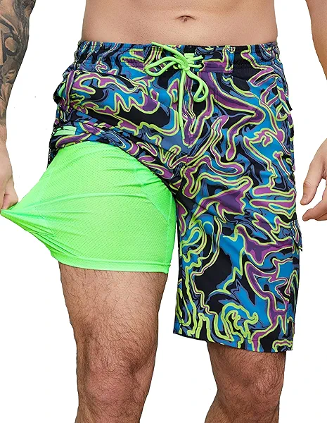 LISAINMAY Neon Mens Swim Trunks with Compression Liner Swimming Trunks 9 Inch Bathing Suit Quick Dry Swim Shorts Cargo Shorts