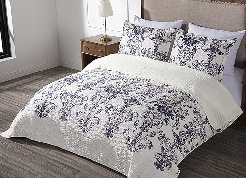 Miniatura 2 de Chezmoi Collection Chloris - Juego de edredón de 3 piezas con estampado de medallones florales, colcha de microfibra prelavada, color azul marino,