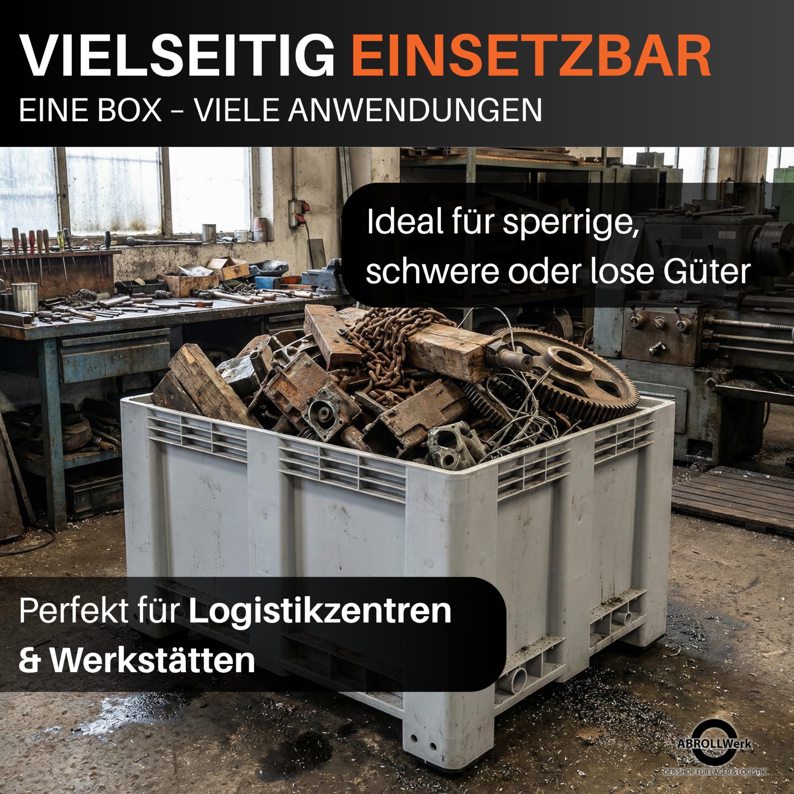 BP Bigbox Palettenbox 1200x1000x760 mm mit Deckel – 570 Liter Volumen geschlossen – Robuste Materialbox aus HDPE mit 4 Füßen – Kunststoffbox für Industrie & Lager