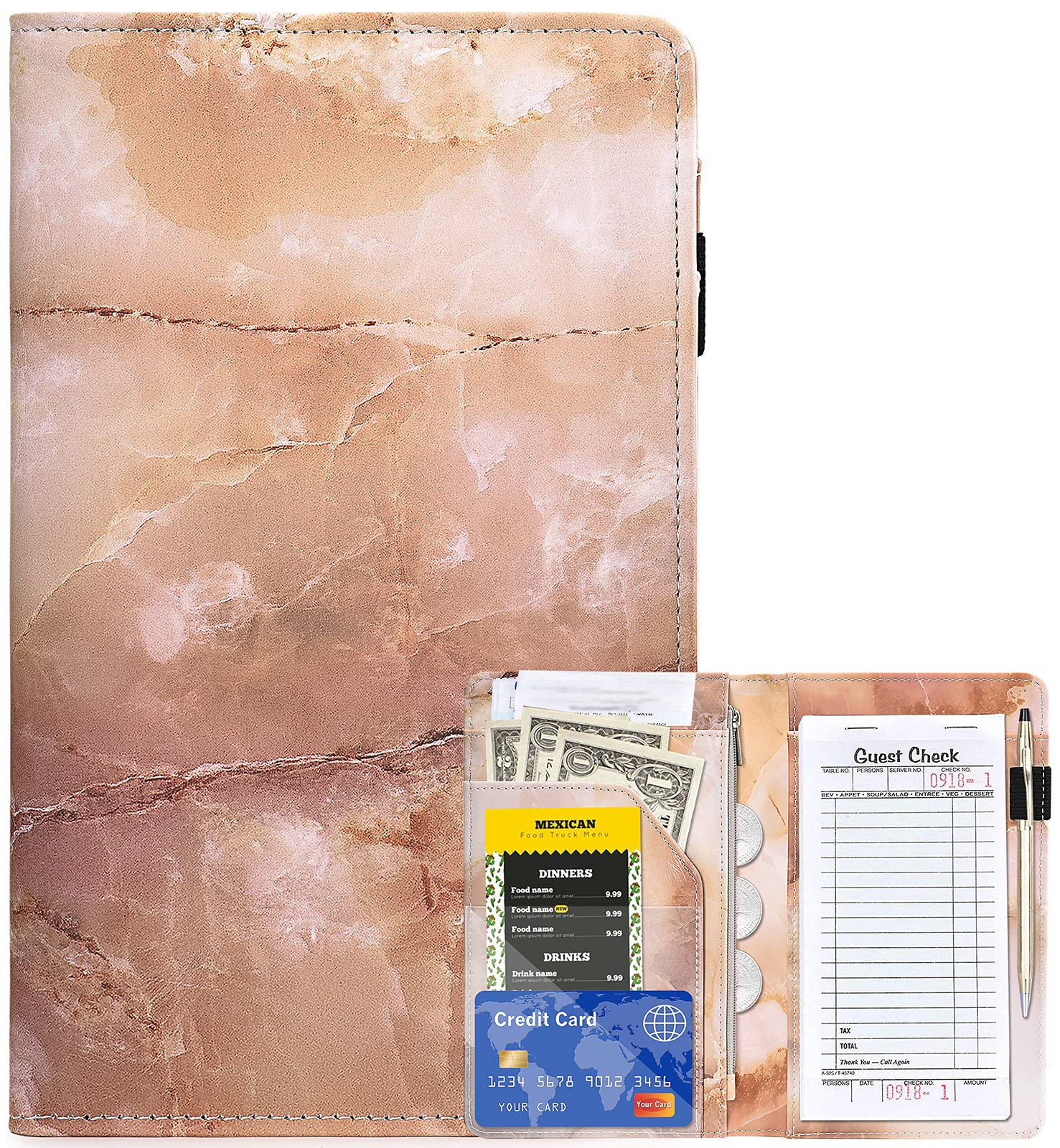 Libros de mesero para camarera – Cartera de cuero con textura de mármol con bolsillo con cremallera, bonito libro de camarera y organizador de camareros con bolsillo para dinero, delantal de servidor