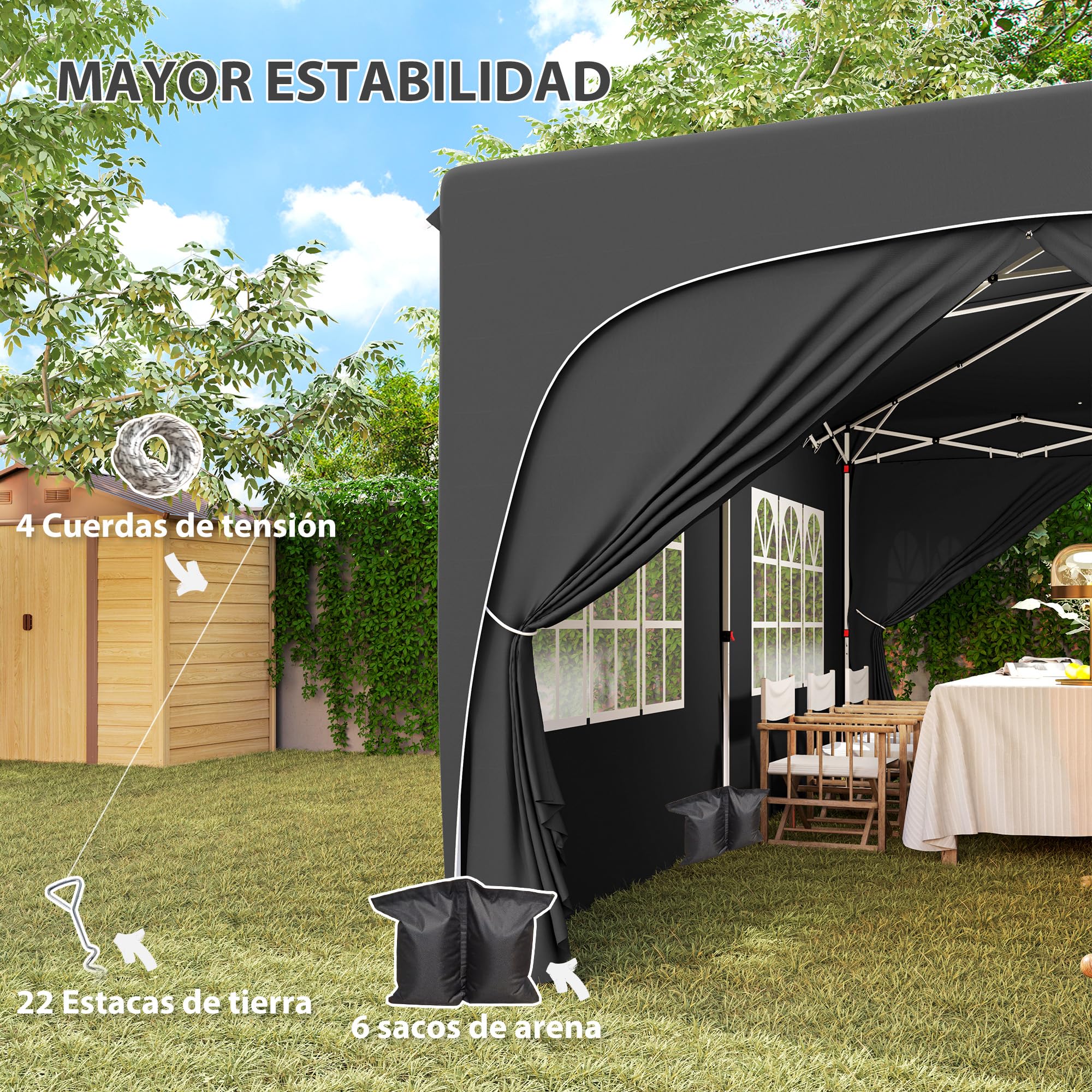 Outsunny Carpa Plegable 3x6 m, Cenador Pabellón de Jardín con Altura Ajustable de 3 Niveles, 4 Paredes Laterales, Ventanas y Bolsa Transporte, UPF50+, Impermeable para Fiestas, Exterior, Gris Oscuro