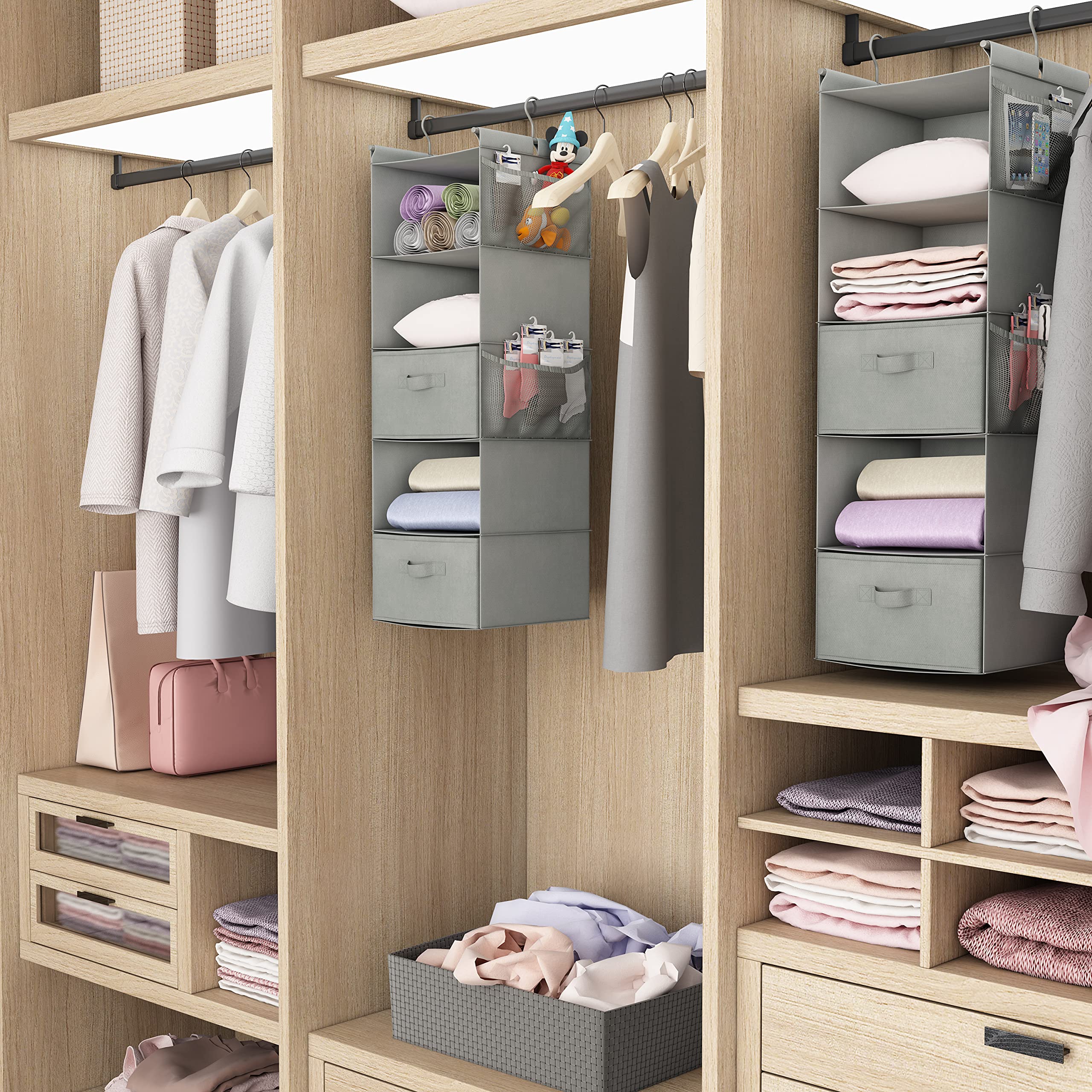 Organizador de armario colgante de 5 niveles, estante colgante de tela con 2 ganchos resistentes para almacenamiento, plegable (gris claro-D2)