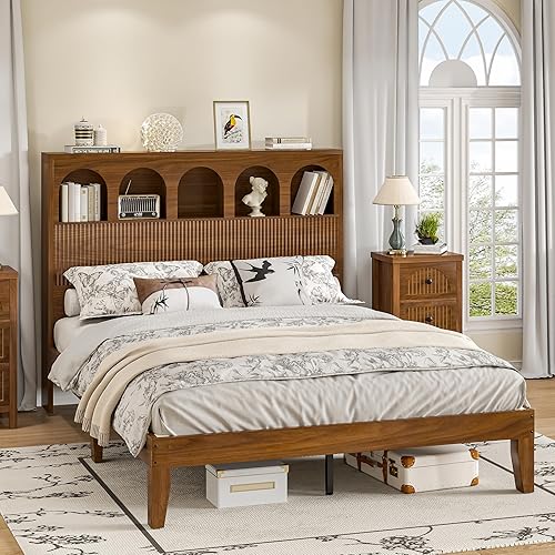 Queen Bed Frame with Storage Headboard 5 Arched Storage Compartments, 12.4 Inch Farmhouse Wooden Queen Bed Frame, No Box Spring Needed, No Noise (Walnut)