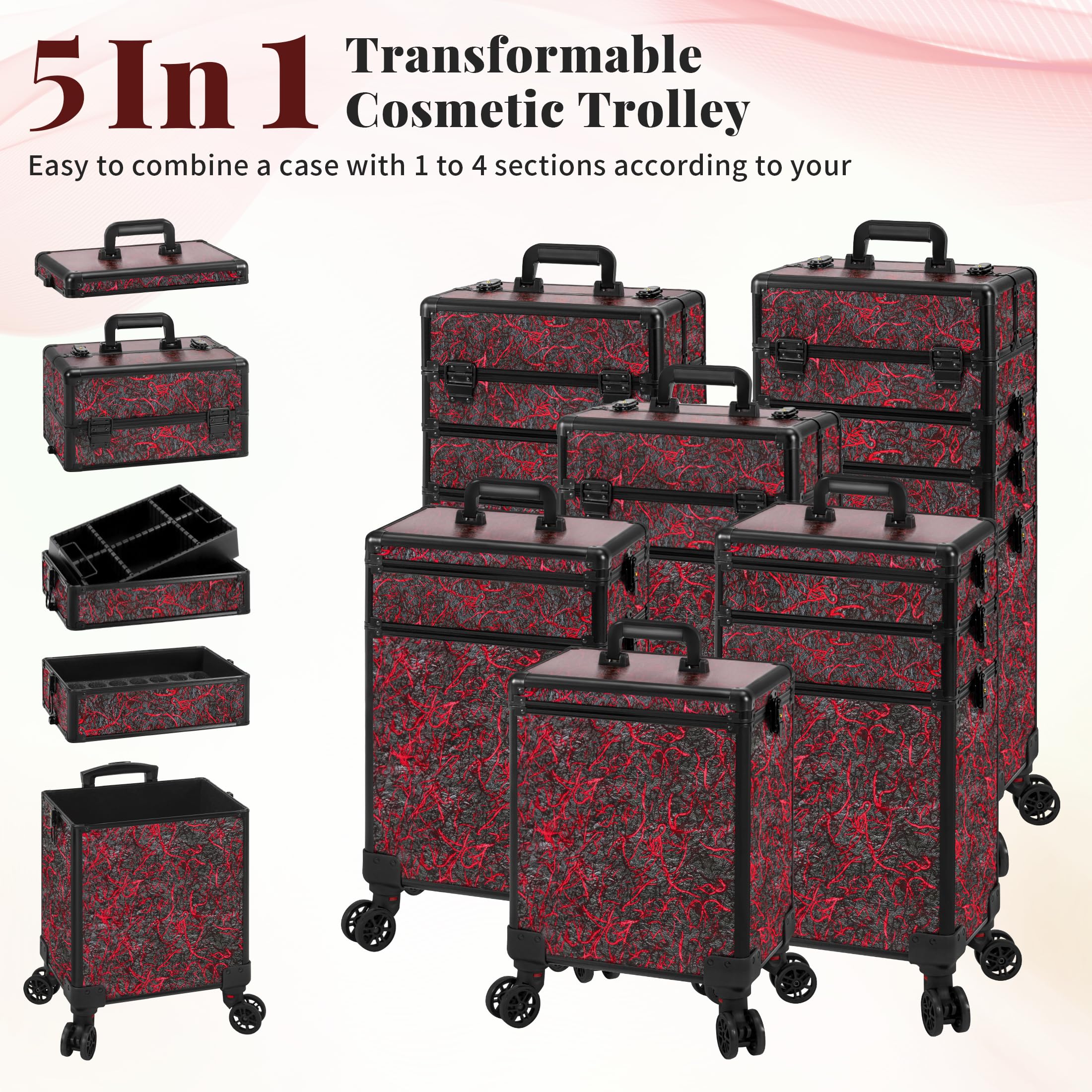 Arous 5-in-1-Kosmetik-Trolley mit Rollen, Abschließbar, für Friseure, Künstler, Reisen, Nägel, Rot, Make-up-Tasche zum Rollen