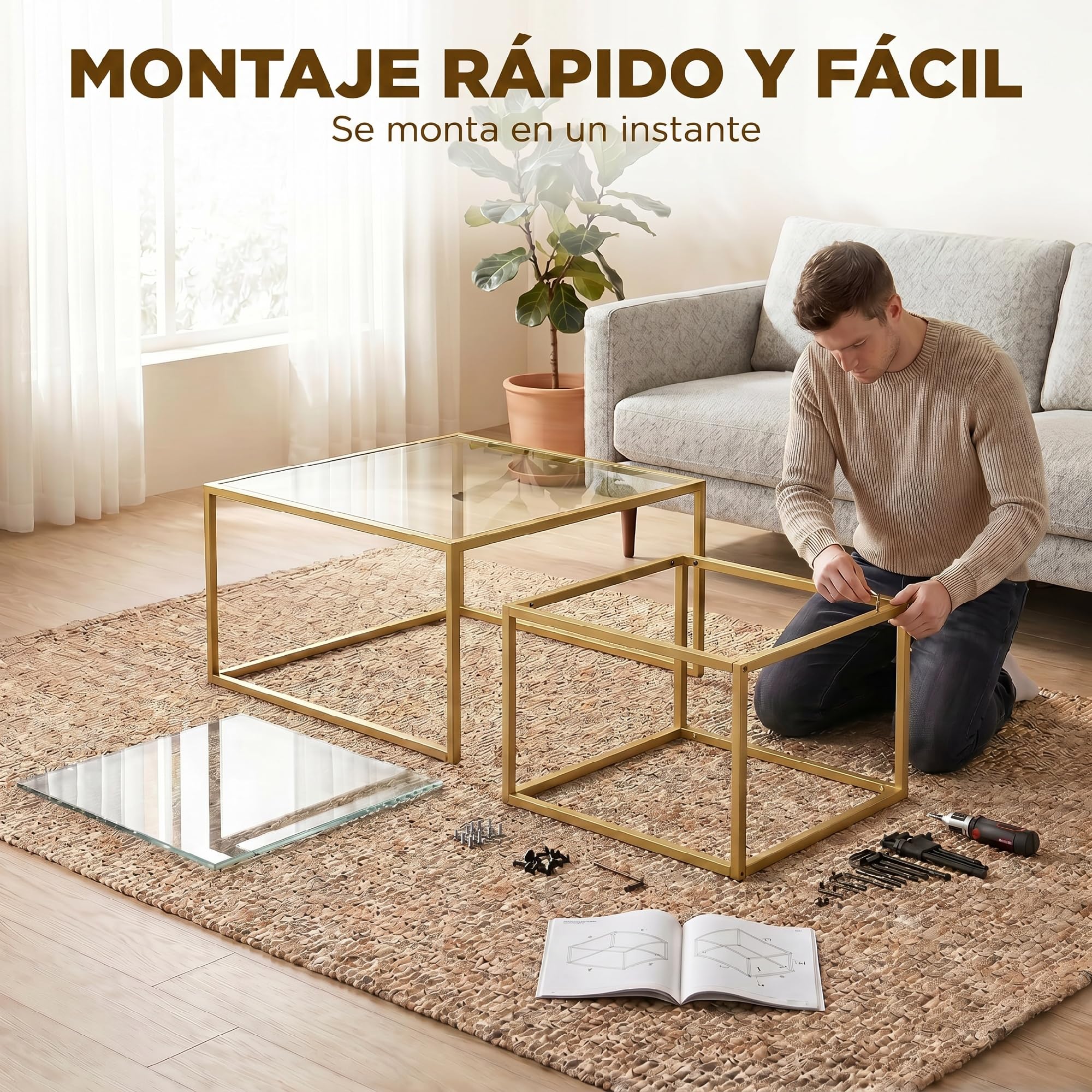 HOMCOM Set de 2 Mesas de Centro Cuadradas Modernas 75x75x42cm Dorado | Mesas Nido, Tablero de Vidrio Templado, Estructura Metálica, Ahorra Espacio, para Salón, Dormitorio u Oficina