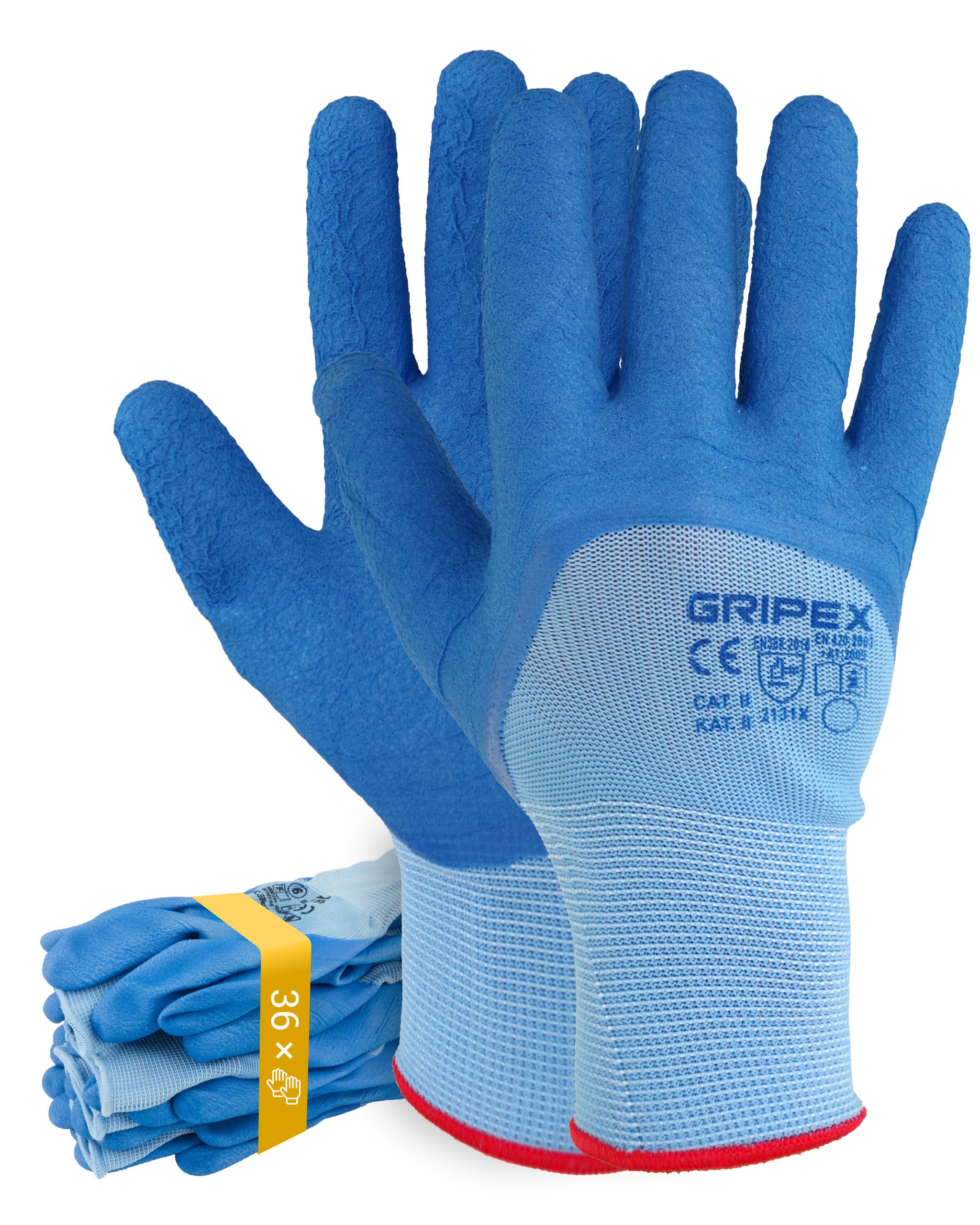 Trevendo Arbeitshandschuhe - Gripex - blaue Montagehandschuhe - Latex-Beschichtung - optimaler Grip für präzises Arbeiten - Gartenhandschuh - Damen & Herren, 36 Paar, Größe 10