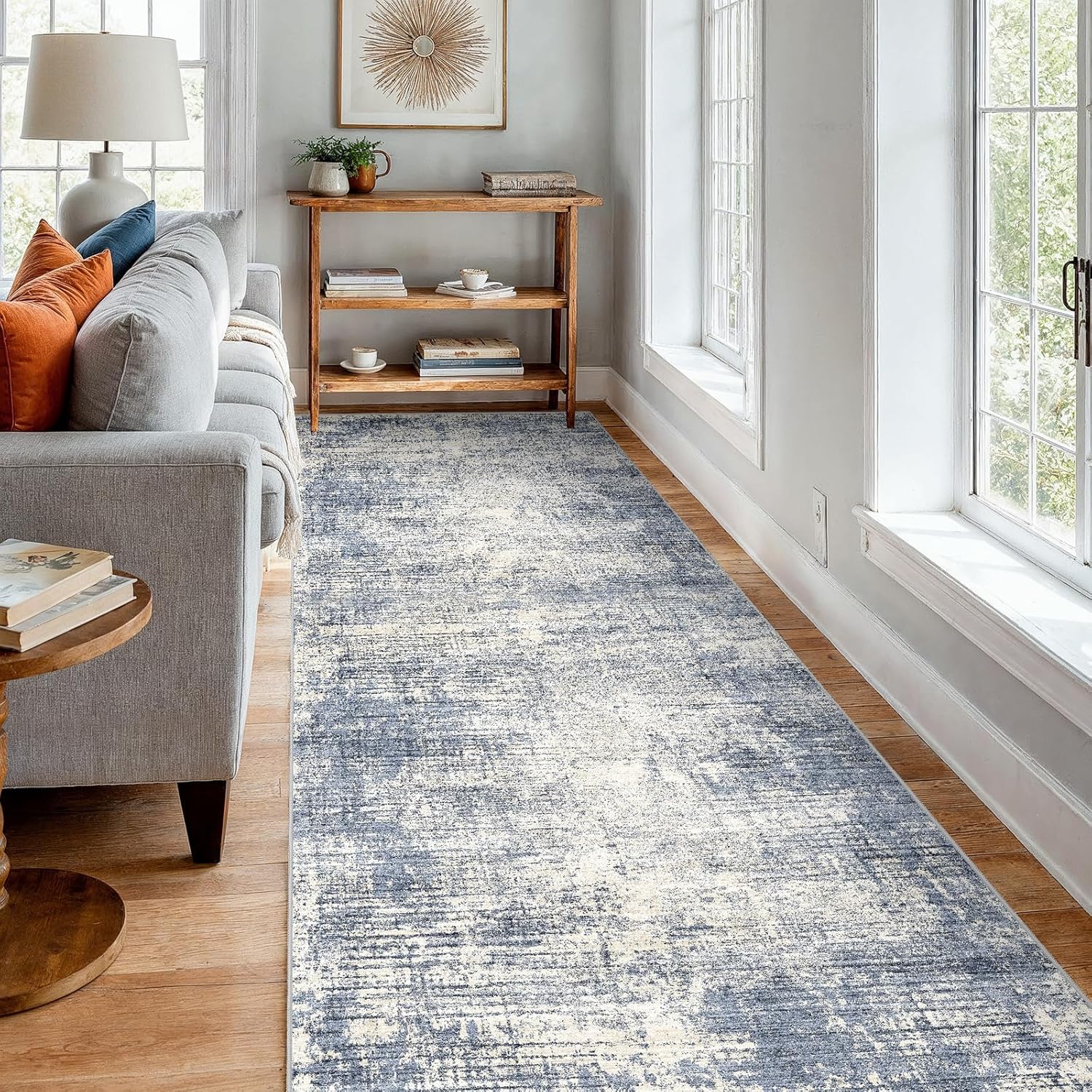 4x12 Hallway Washable Runner Rug - Non-Slip Kitchen Rugs with Rubber Backing Abstract Neutral Low-Pile Carpet Runners for Laundry Room Home Decor Bedroom Bathroom Entryway (Blue Gray,4x12)