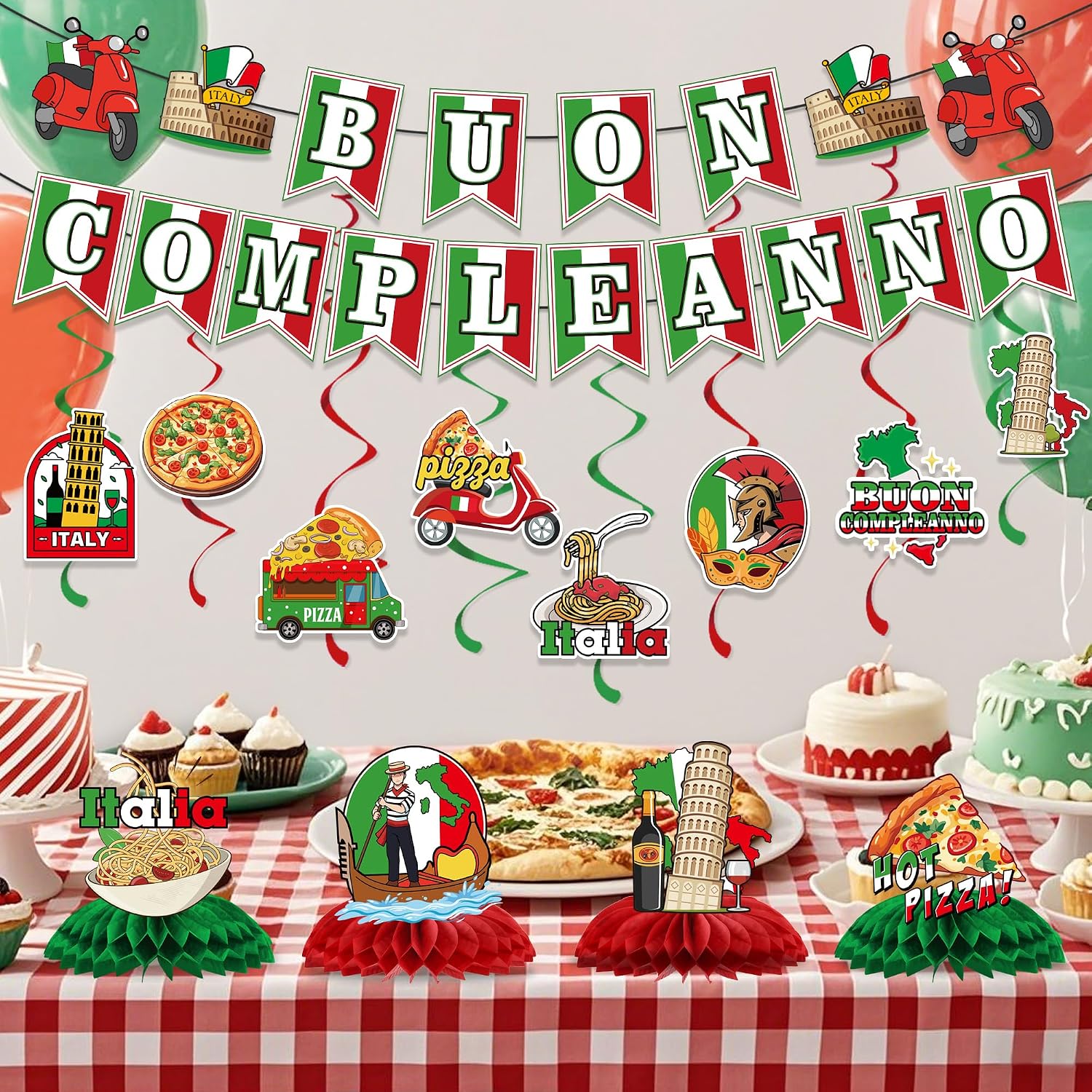 Italian Pizza Party Decorations Include Buon Compleanno Banners Hanging Swirls Honeycomb Centerpieces Italy Birthday Theme Party Supplies