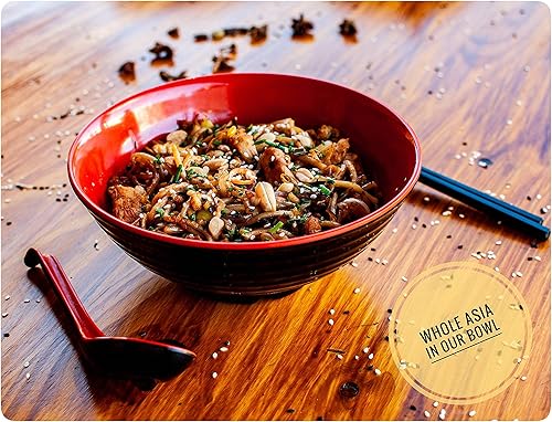 Miniatura 6 de Juego de 6 tazones de ramen, 18 piezas Pho. Sopa japonesa asiática roja y negra. Utensilio cucharas y palillos. Melamina. Fideos grandes de 37 oz,