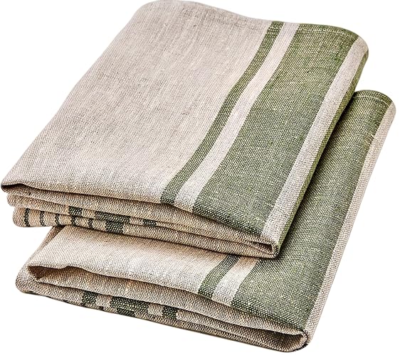 Pure Linen Kitchen Tea Towels with Olive Green Stripes - Set of 2 | 100% Pure European flax. Stonewashed, lint-free, breathable tea , dish & hand towels. Elegant Irish style, 17x27"