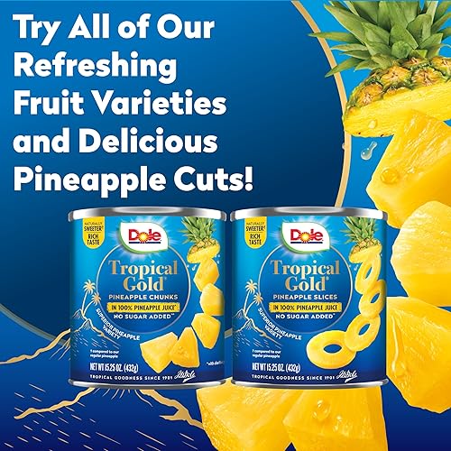 Miniatura 7 de Dole Fruta Enlatada, Rodajas de Piña Tropical Gold en Jugo de Piña 100%, Sin Gluten, Productos Básicos de Despensa, Sin Azúcar Añadido, 15.25 Oz,