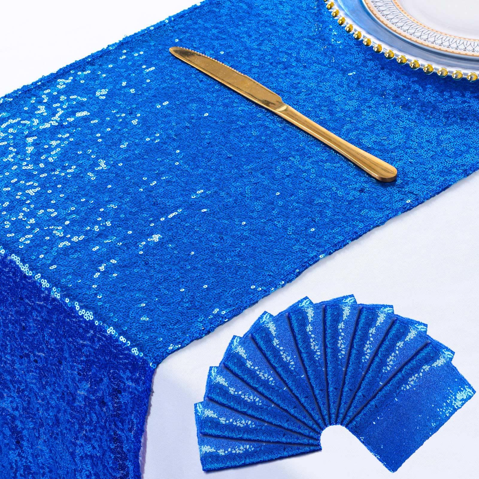 Photo 1 of ShinyBeauty Blue Table Runner 12x108-Inches Pack of 10 - Royal Blue Sequin Home Decor for Wedding, Graduation, Party, Birthday, Baby Shower Table Runner
