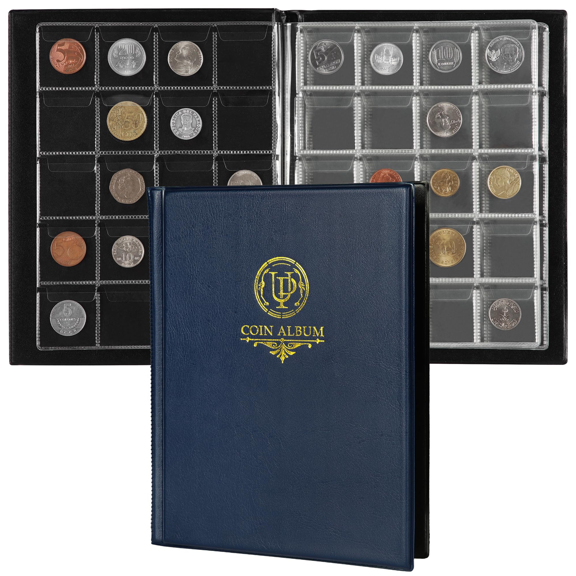 200 Pockets Coin Album - Coin Collecting Book with 10 Pages, 33x33 mm Grid Holder for Pounds Pence Cents Dollars Nickel (Blue) CS48200BL