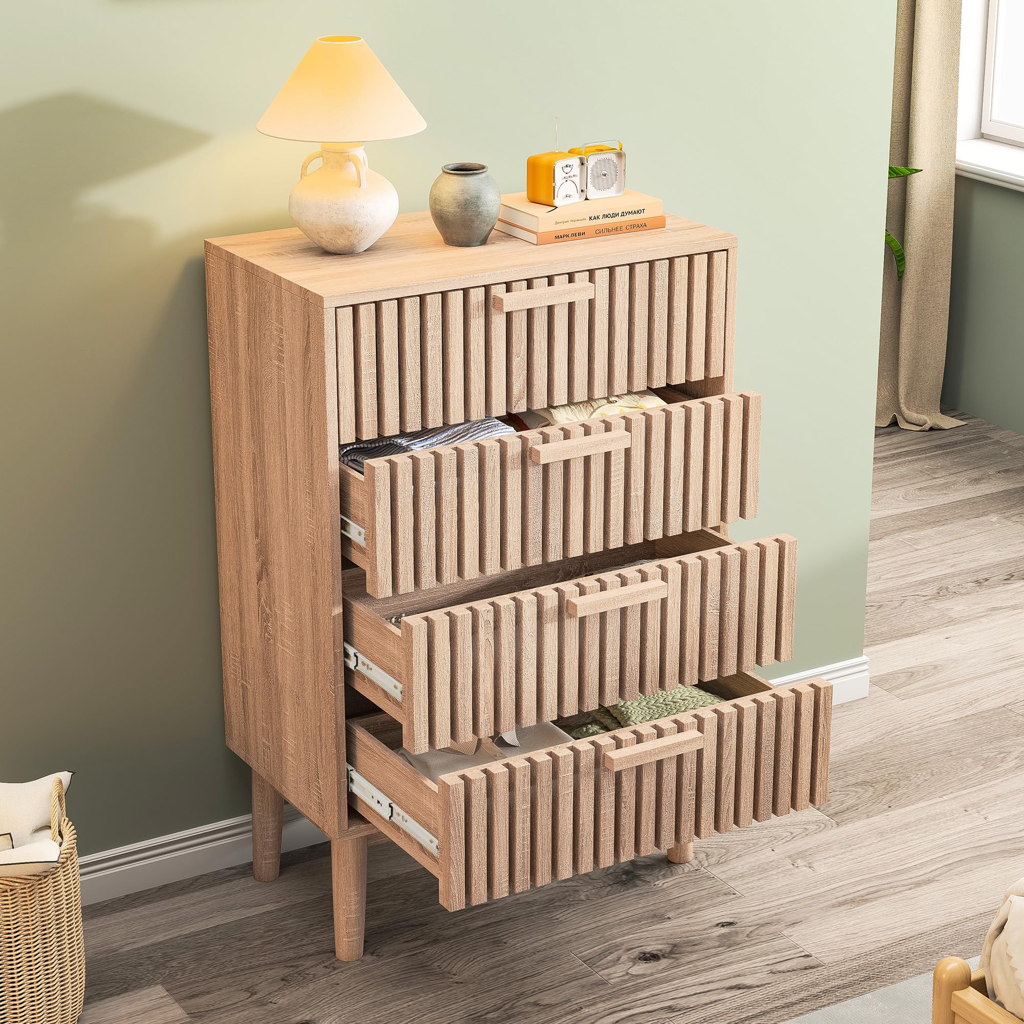BRILVERDE Cómoda con 4 cajones, mesita de noche con cajón y estante abierto, mesa auxiliar de madera, armario para dormitorio, pasillo, salón, 60 x 34 x 91 cm (color madera natural-2)
