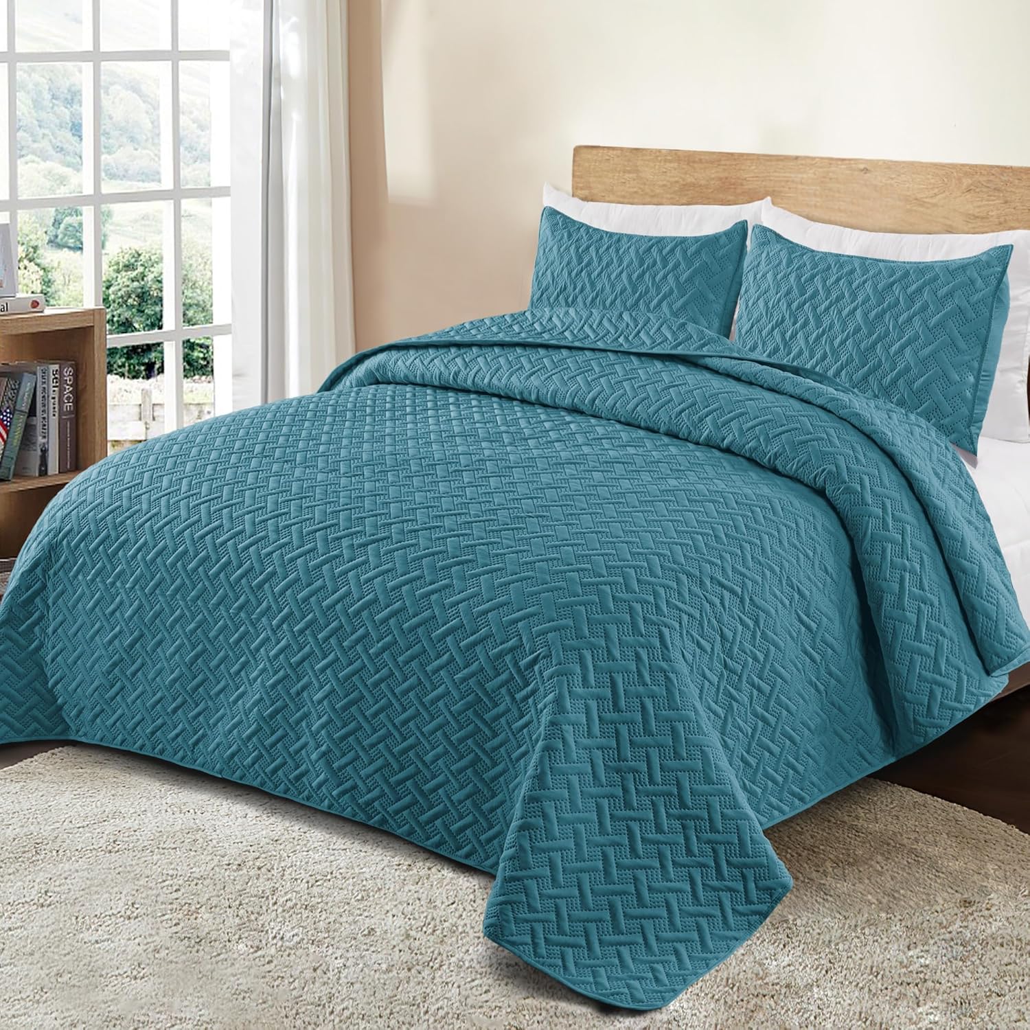 Exclusivo Mezcla Soft Quilt Set King Size, 3 Pieces Lightweight Quilts Teal Bedspreads Coverlets Bedding Set for All Seasons, Weave Pattern - Image 2