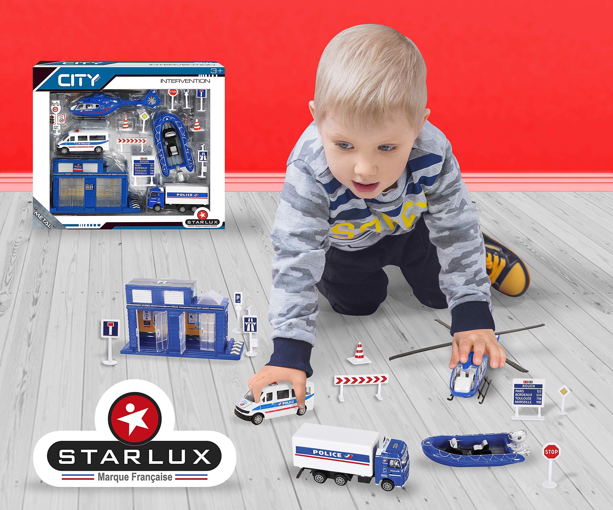 STARLUX – Coffret de Petites Voitures de Police avec Poste de Douane, hélicoptère de Police, Zodiac et Panneaux Routiers – Jouet Enfant 3 Ans et Plus - 806102