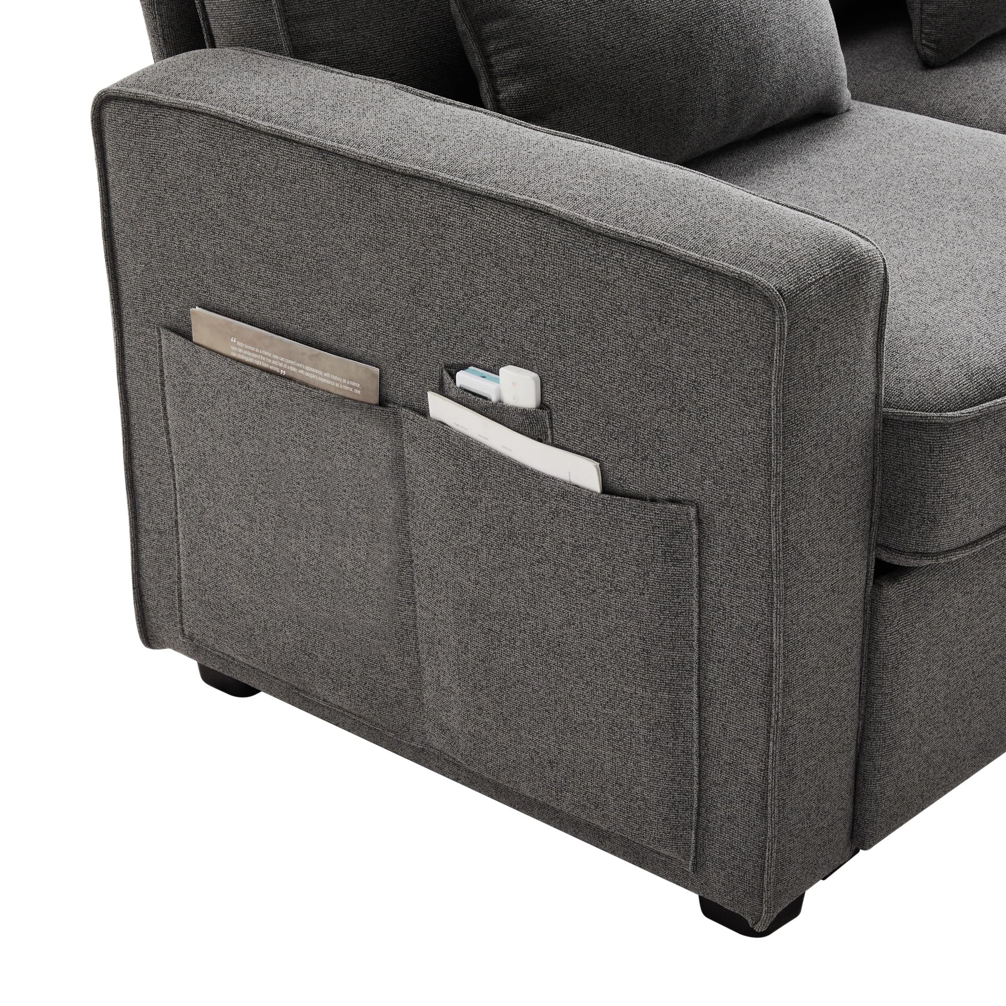 Azkoeesy Moderno sofá de 4 plazas de tela de lino, estilo sencillo, con consola, 2 soportes para bebidas, 2 puertos USB, 4 cojines, adecuado para sala de estar (gris oscuro)