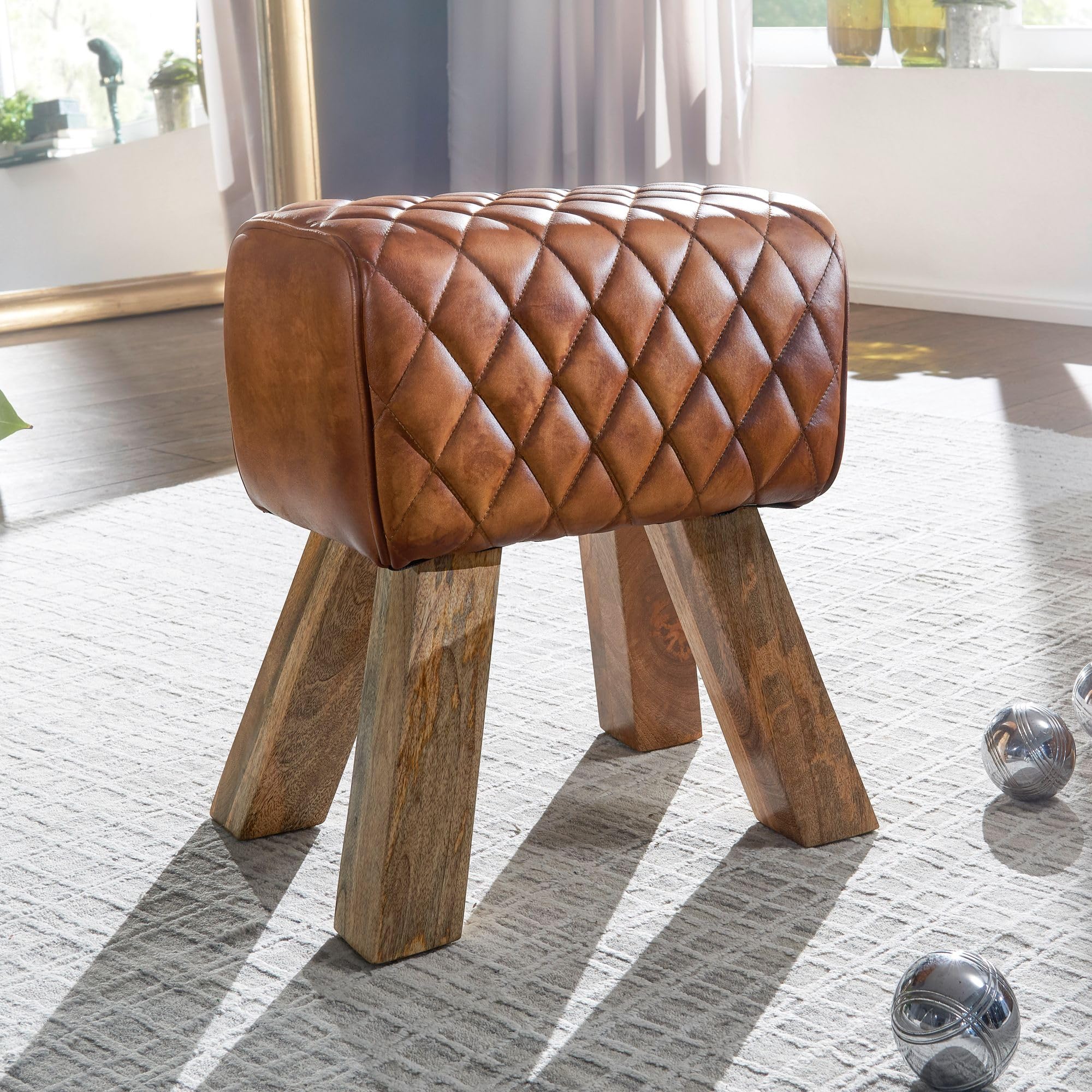 FineBuy Sitzhocker Turnbock 40x27x48 cm Echtleder Massivholz Braun