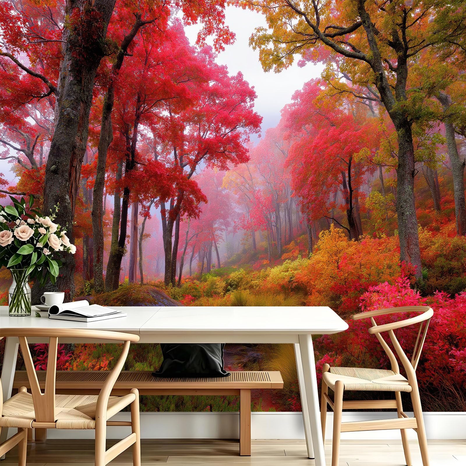 Carta da parati murale con paesaggio autunnale, motivo botanico scandinavo, 300 x 210 cm, con alberi e foglie rosse e nebbia, adesivo da parete per camera da letto, soggiorno, corridoio, divano