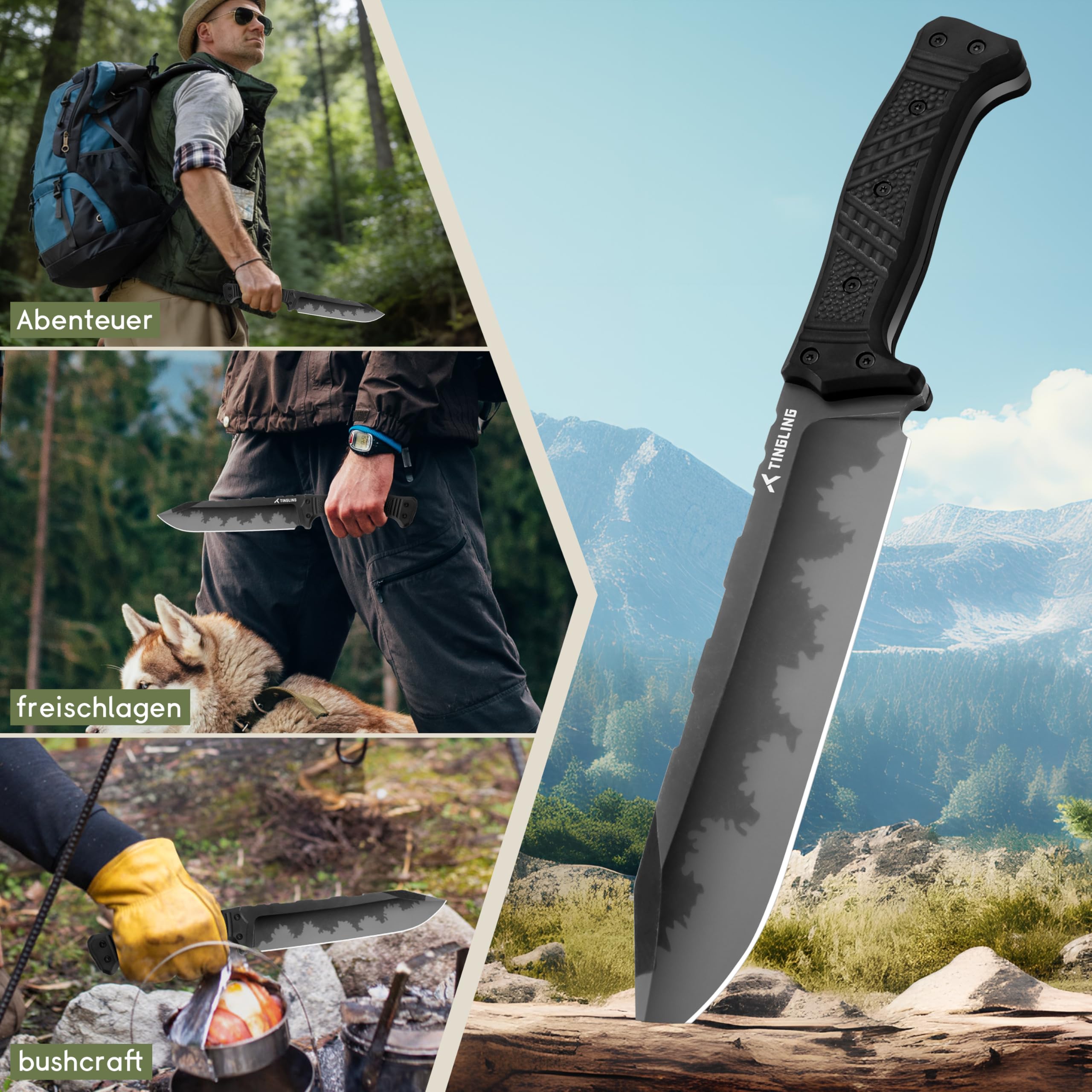 Machete Scharf Echt Buschmesser: Groß Macheten Garten Feststehende Klinge, Survival Messer Bushcraft Überlebensmesser, Schwarz Griff