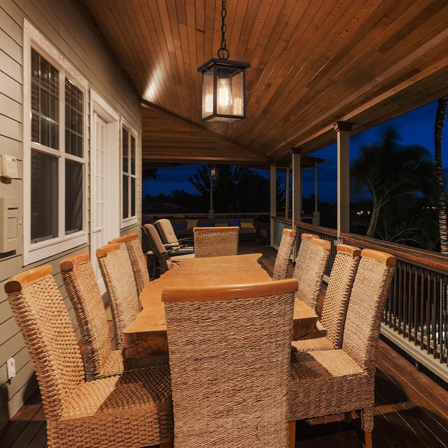 LALUZ Black Outdoor Pendant Lights for Porch, Modern Farmhouse Outdoor Pendant Light Fixture with Seeded Glass, Rectangular Exterior Hanging Lantern Light Fixtures with Adjustable Chain, 6'' x 11''