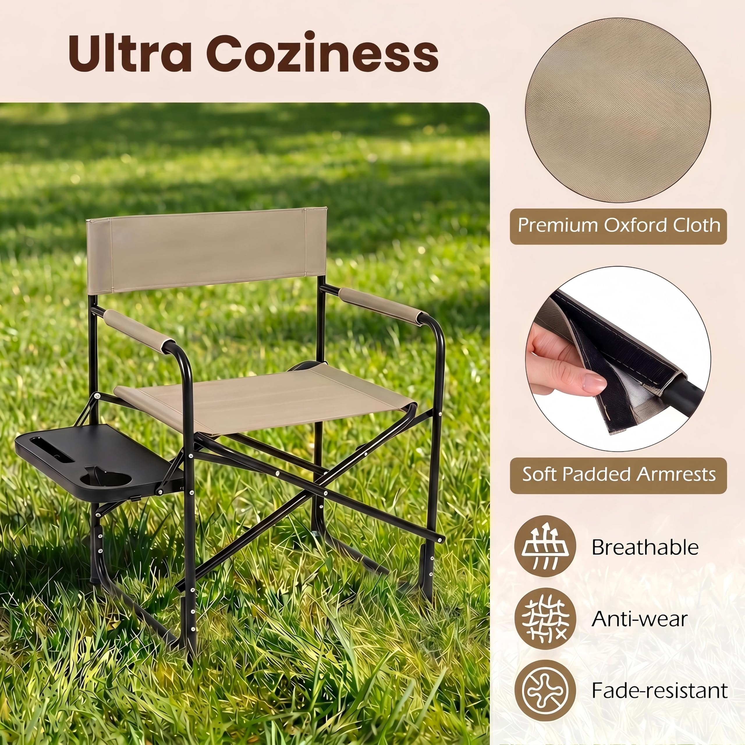 SOARS Sedia da Campeggio Pieghevole Leggera con Tavolino, Marrone | Sedia Regista Portatile con Portabicchiere, in Metallo Resistente, per Pesca e Picnic, da Giardino e Spiaggia, Max 160 kg