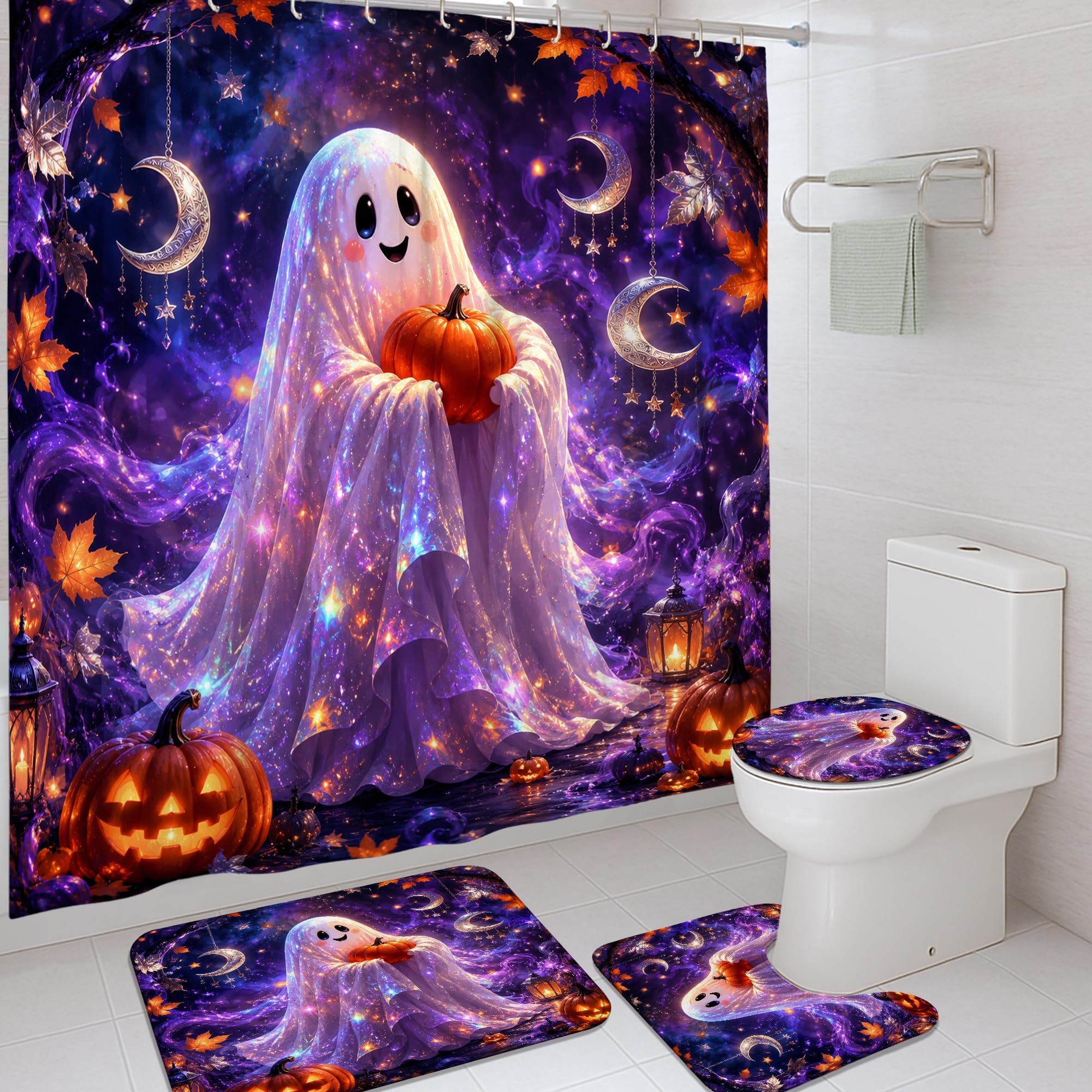 Ensemble de rideaux de douche fantômes et tapis de bain imperméable