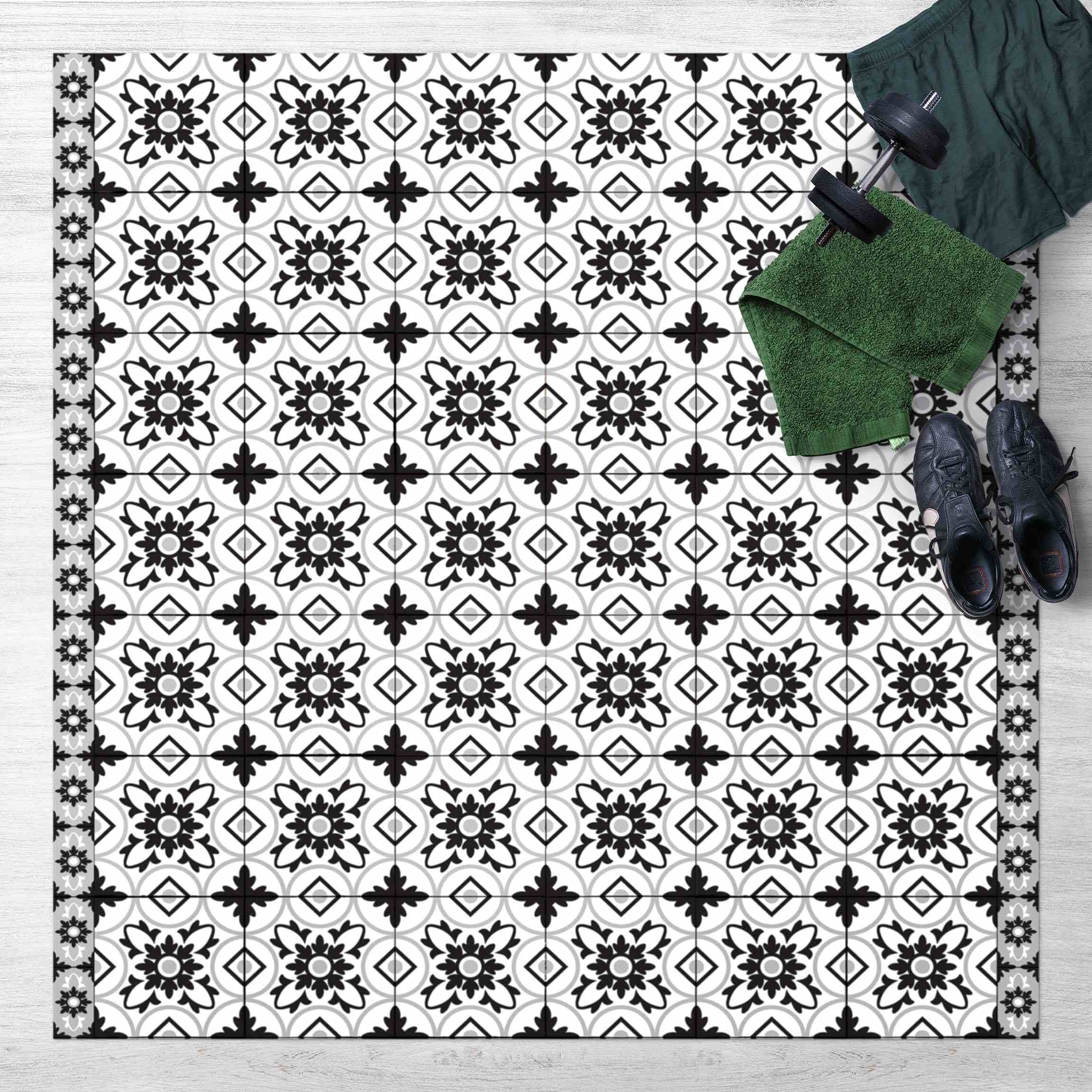 Tapis en Vinyle essuyable à l'eau à Motifs Collage sans Bulles Protection de Sol avec Motif Tapis antidérapant Noir et Blanc Imitation carrelage Illustration Cuisine Couloir 3198 (40x40cm)