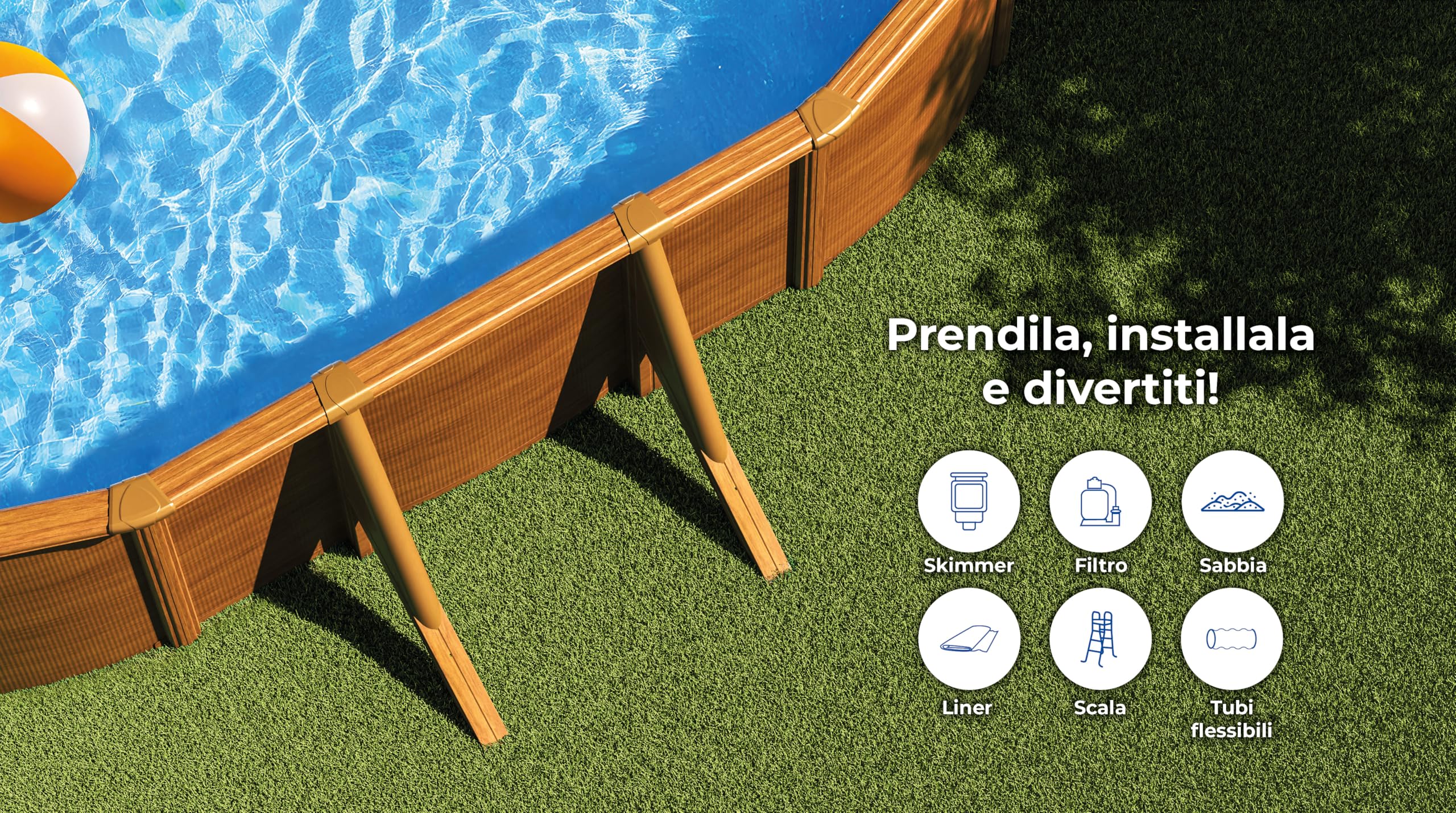 Gre KIT610W Pacific. - Piscina fuori terra in acciaio, ovale con aspetto in legno. Piscina scomponibile per Giardino. 610 x 375 x 120 cm