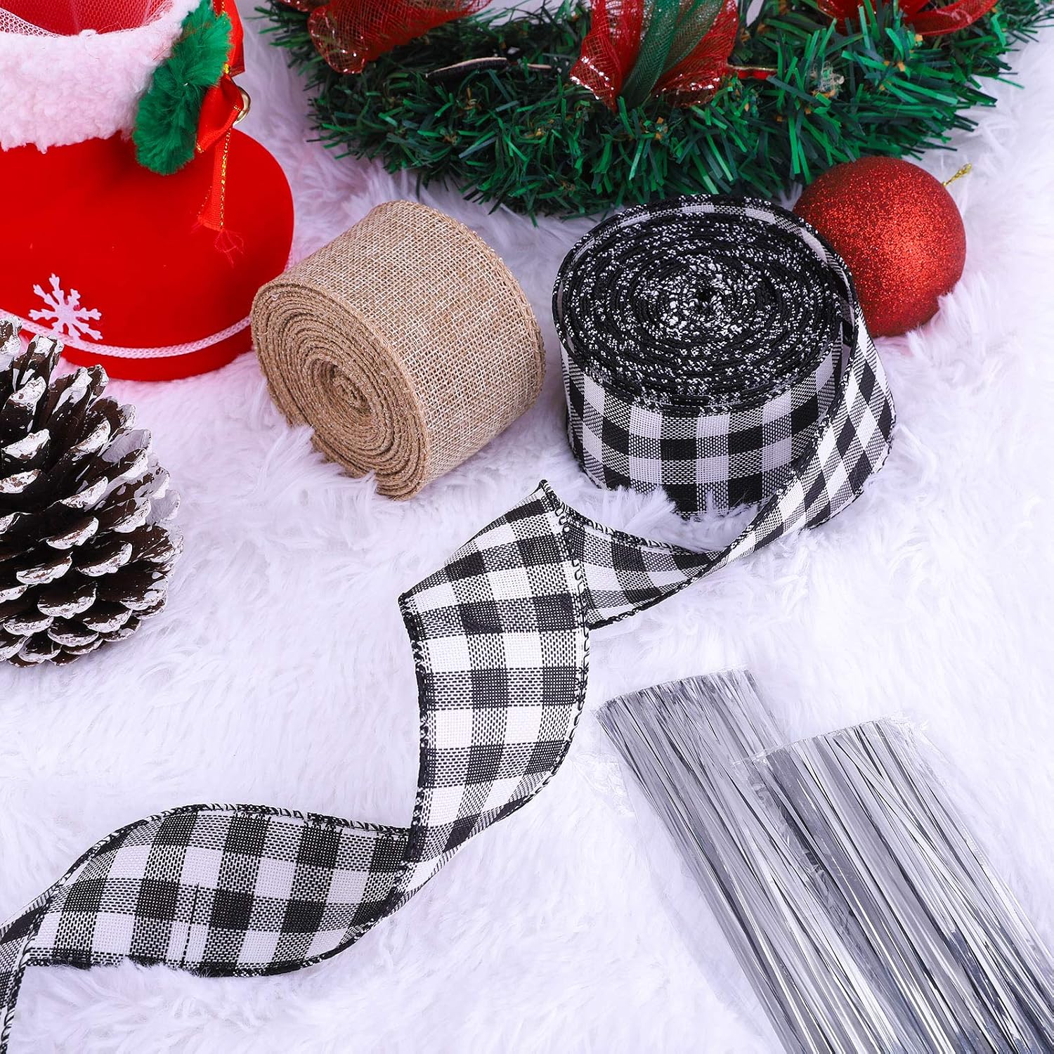URATOT 2 Rolls Christmas Gingham Wired Edge Ribbons Plaid Burlap Wrapping Ribbon with Twist Ties for Craft Supplies Christmas Floral Bows Party Decoration
