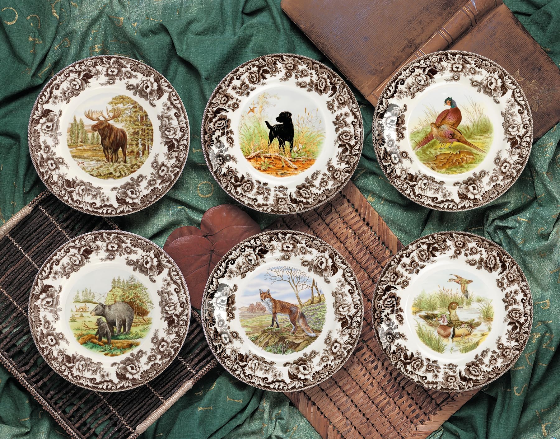 スポード　ラスキンハウス　緑　プレート Spode Woodland Duck Dinner Plate - Game Bird Design, 10.5 Inch