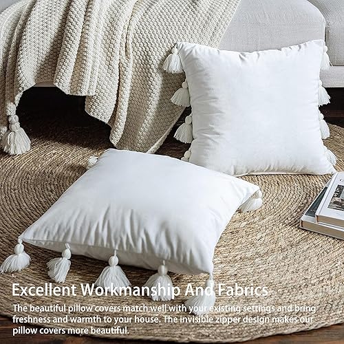 Miniatura 3 de DriftAway Fundas de almohada bohemias modernas, rústicas, decorativas para el hogar, con borlas de terciopelo para cama, sofá o banco, 2 piezas de
