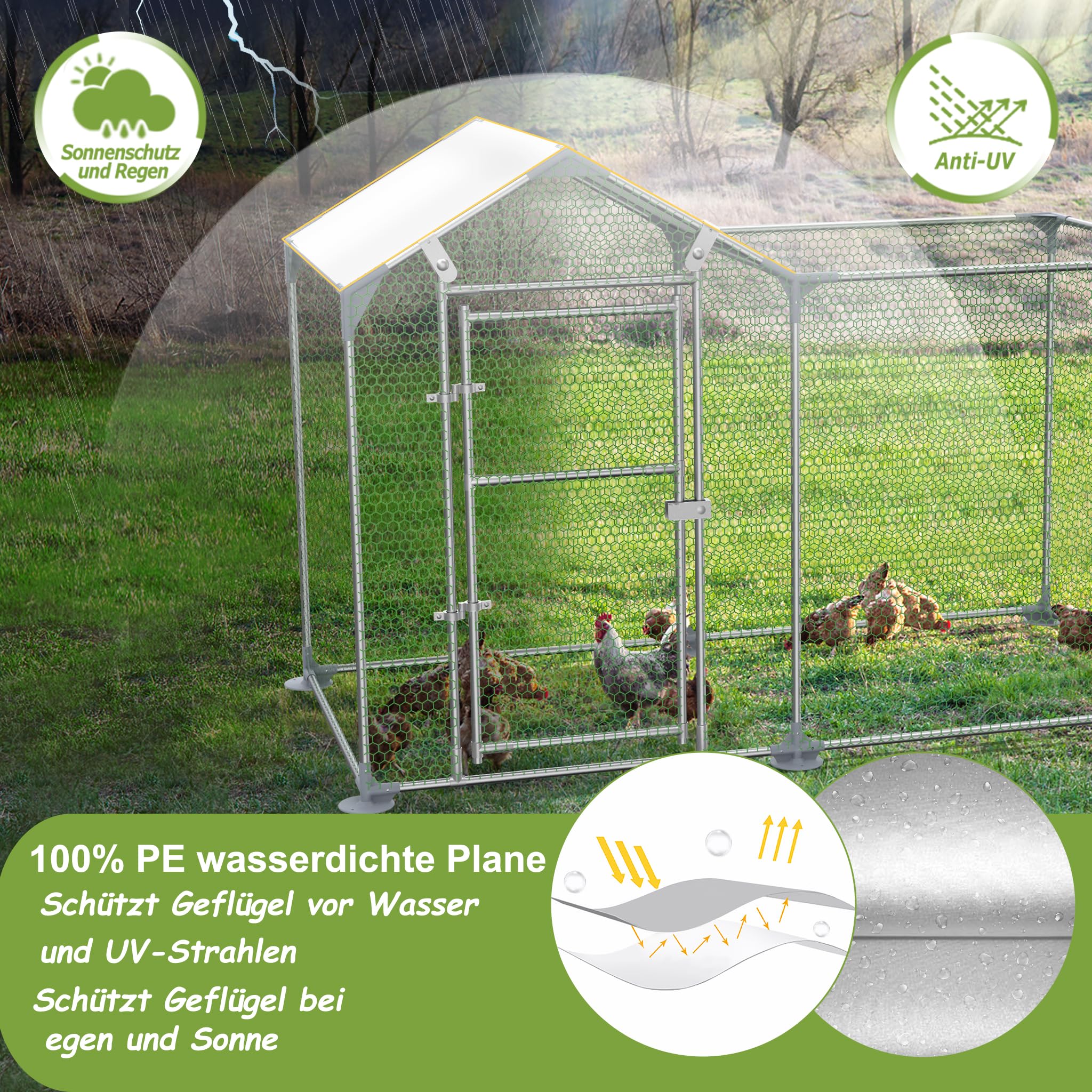 YRHome Gallinero para gallineros, 2 x 1 x 1,5 m, con marco de acero galvanizado con PE