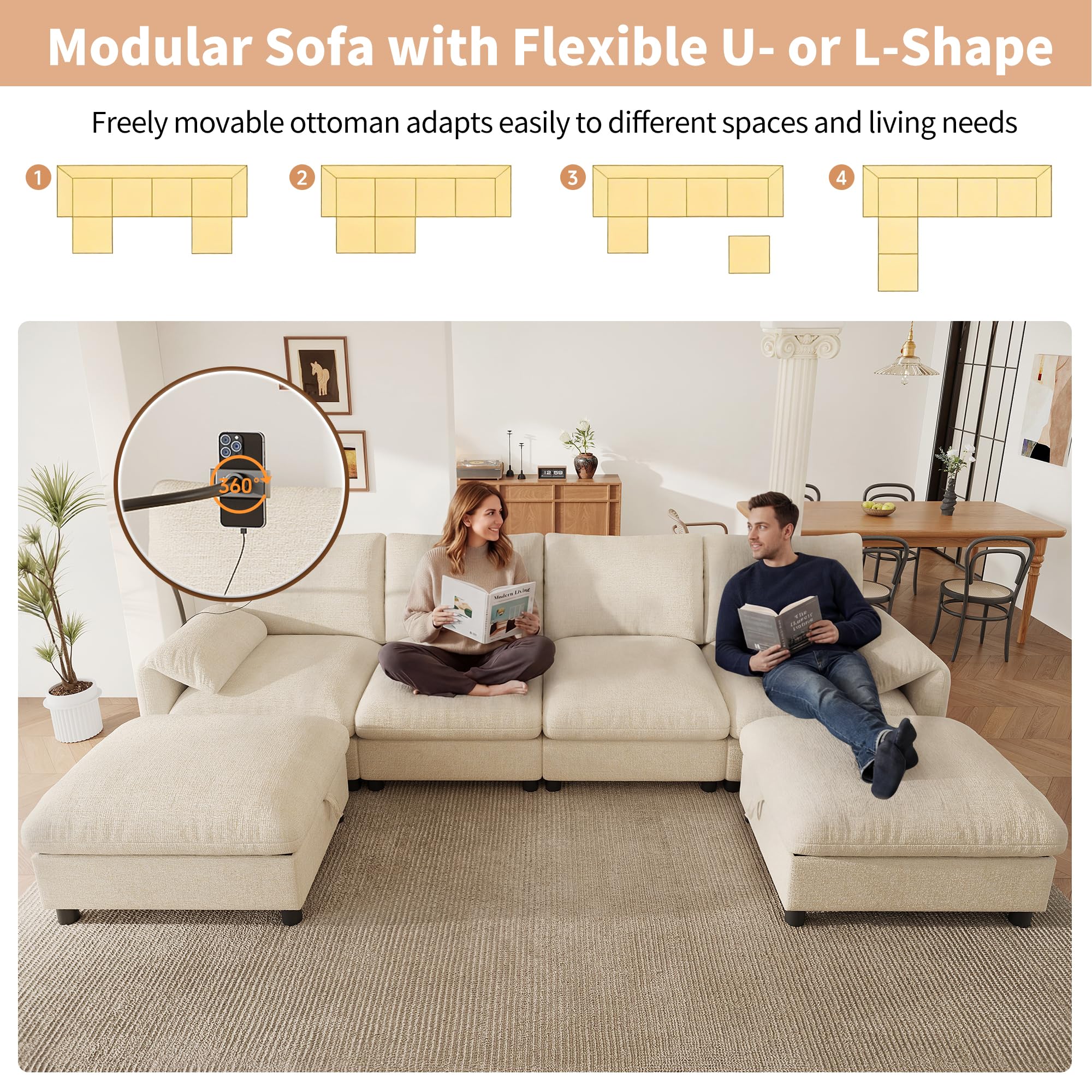 Sofá modular de 6 plazas en U con dos pufs contenedores, sofá de esquina en U con puerto de recarga USB y puerto para celular, sofá modular en L, sofá transformable, sofás modulares de 6 plazas