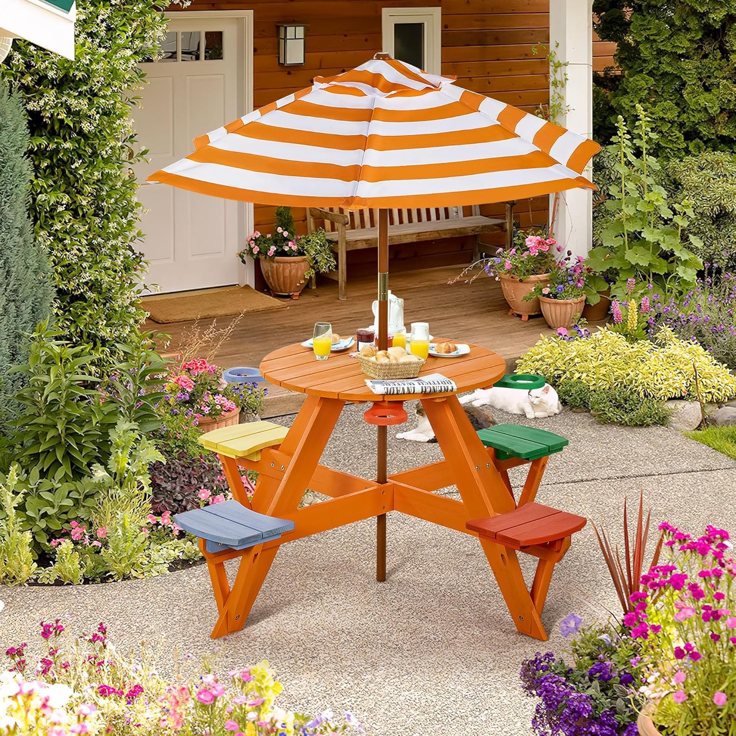 BRINJOY Kindersitzgruppe, Kinder Picknicktisch mit Bänke, Kissen & Sonnenschirm höhenverstellbarem, Kindersitzgarnitur aus Holz, Sitzgarnitur, Sitzgruppe Outdoor, Kinder gartenmöbel (Orange)