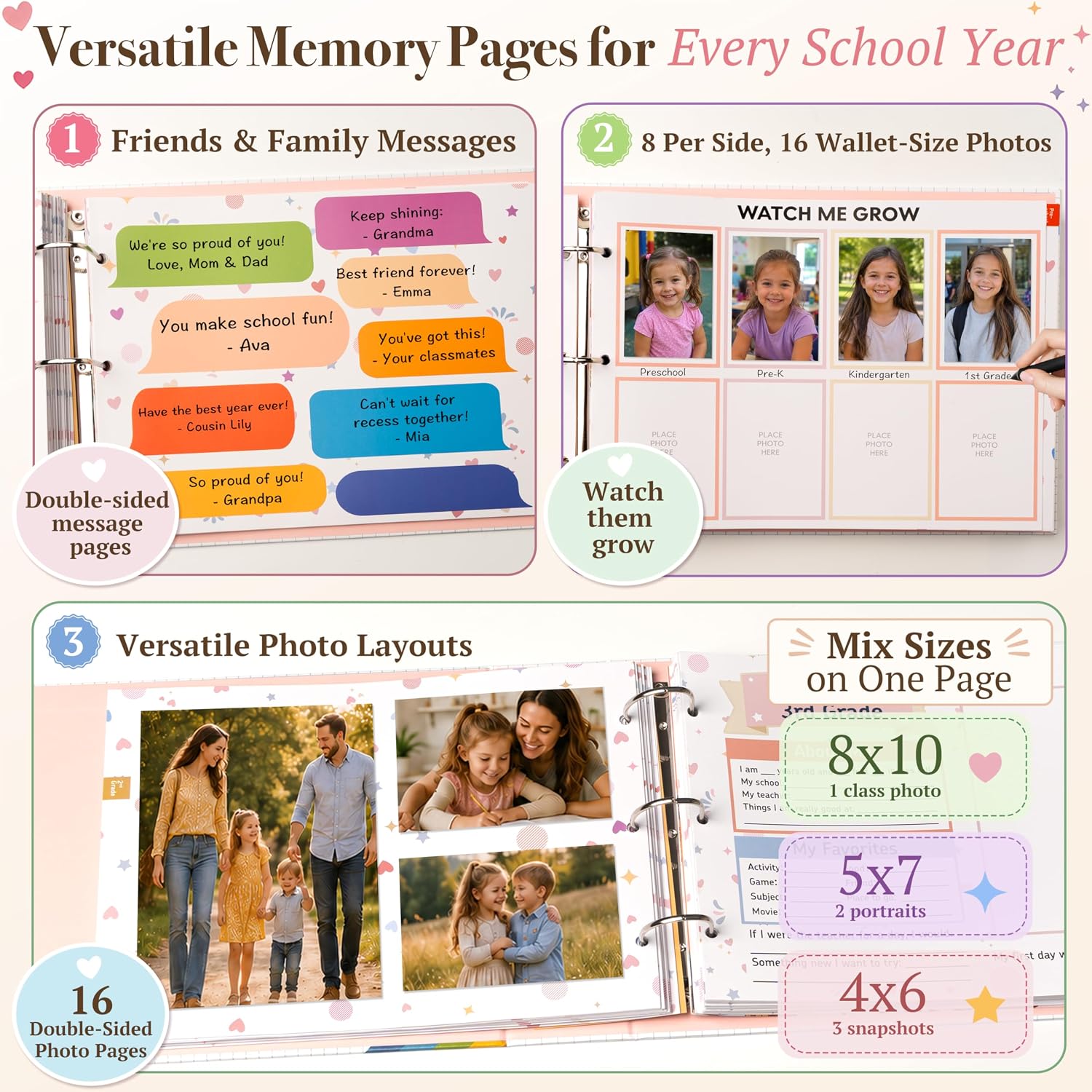 School Memory Book, Photo Album Scrapbook with 17 Pockets, First and Last Day of School Keepsake Organizer from Preschool to 12th Grade, Hardcover Binder Memory Book for Artwork Report Cards Storage
