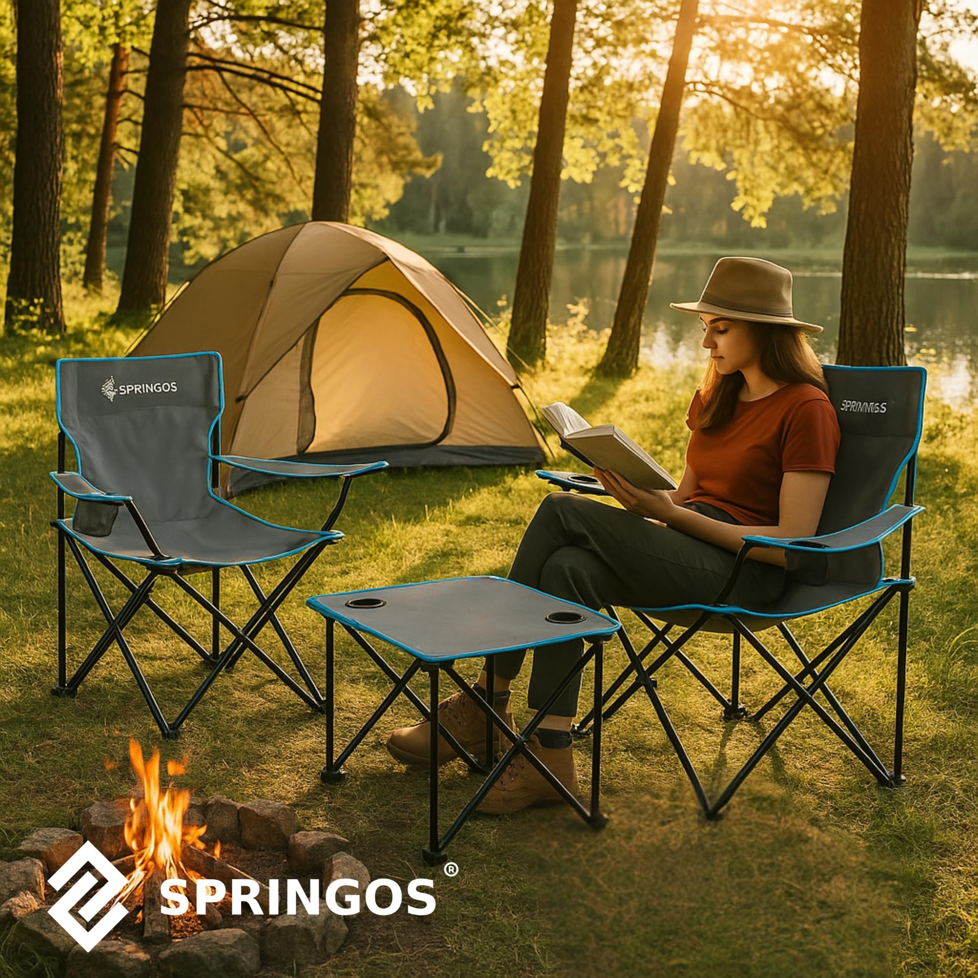 SPRINGOS Ensemble Camping Pliant 3 Pièces – Table + 2 Chaises avec Porte-Gobelet, Sac Transport, Réglage Hauteur – Pêche Festival Jardin Balcon Plage
