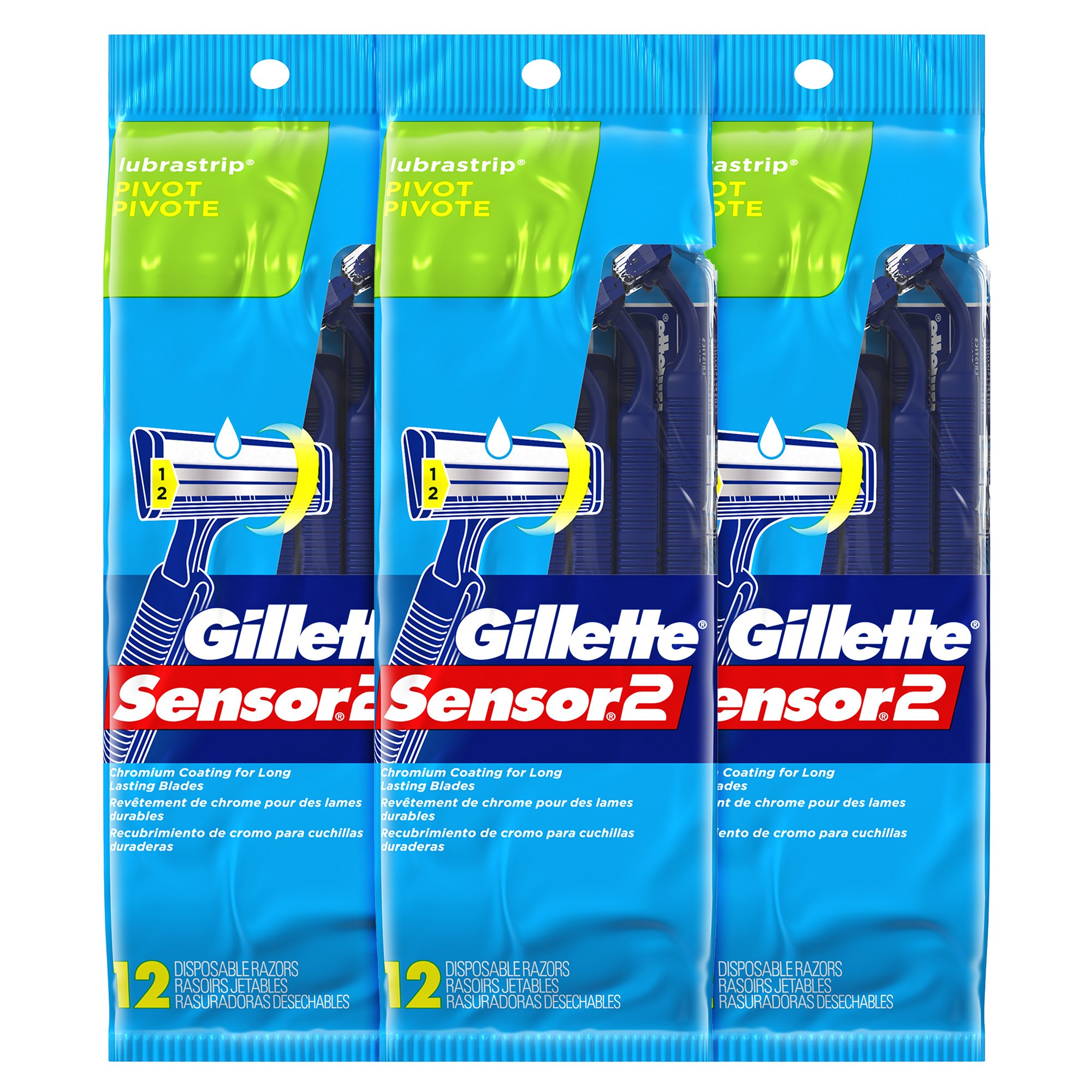 GilletteSensor2 Pivoting Head + Lubrastrip Men's Disposable Razors, 12 Count (Pack of 3, Total 36 Razors)