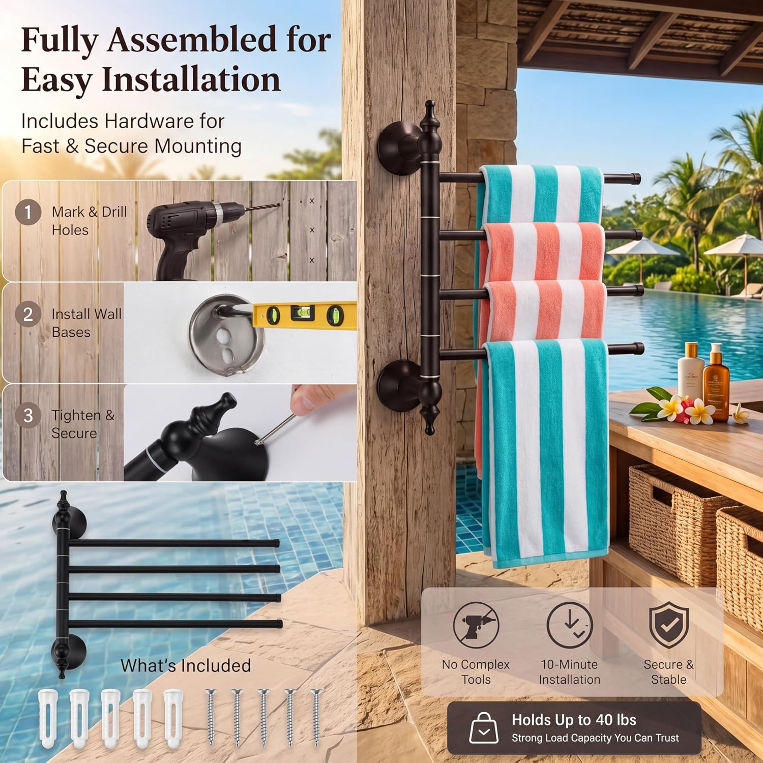 Qunclay Rotating Pool Towel Rack Outdoor 4 Arm Swivel Towel Rack for Bathroom 12.6 Inch 304 Stainless Steel Wall Mounted Clothes Holder Matte Black Finish for Poolside, Patio, Laundry Room