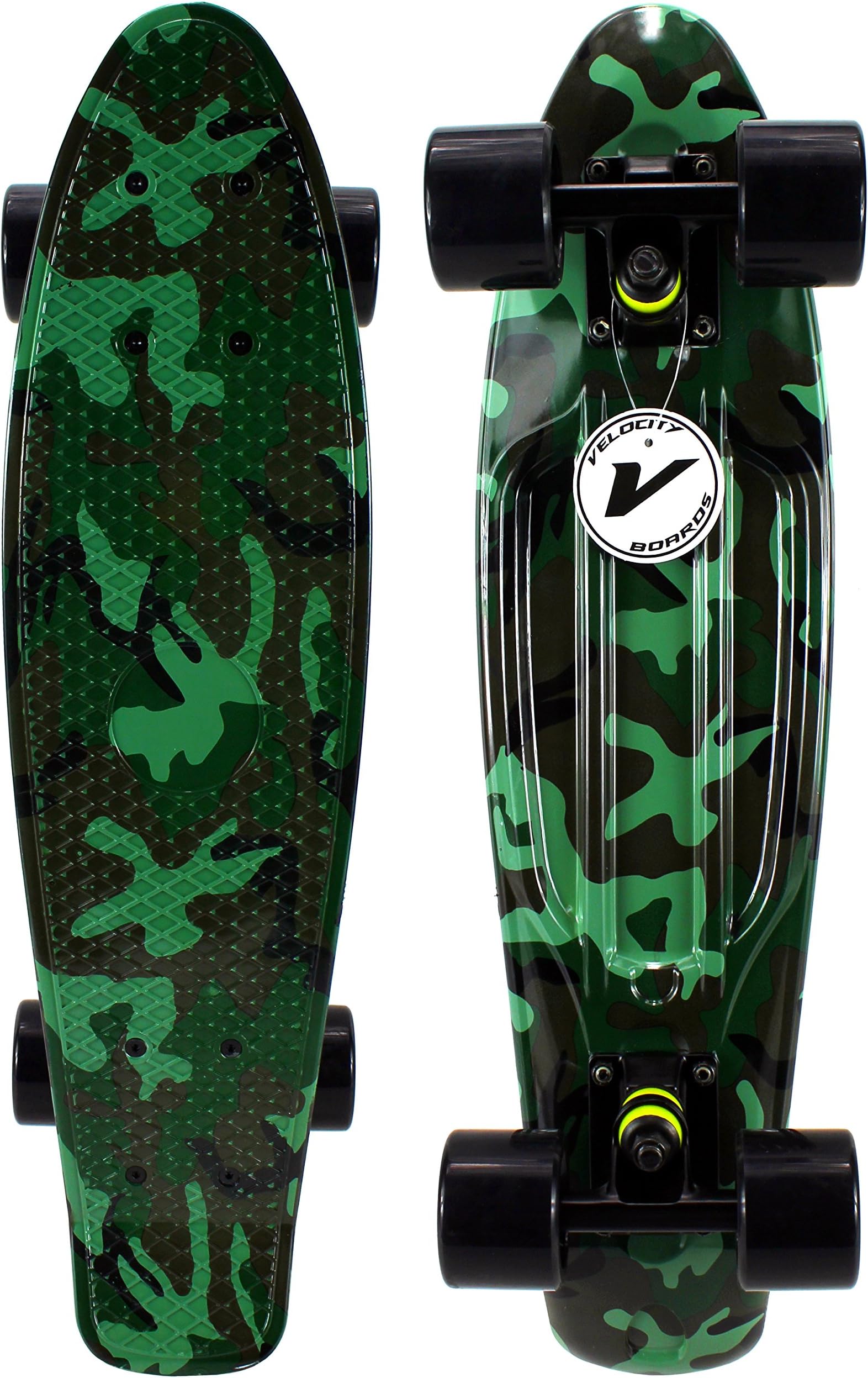 Velocity Boards Retro Cruiser Complete 22" Banana Skateboard w/ Aluminum Trucks, Fast ABEC-7 Bearings, Wheels & Bushings (Camo)