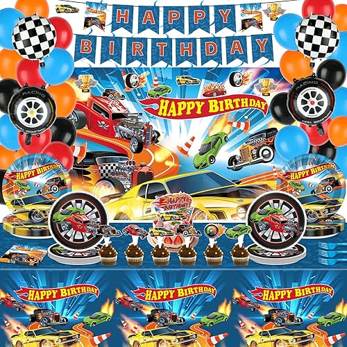 153 Piezas Decoraciones de Fiesta de Cumpleaños Feliz Cumpleaños de Coches de Carrera Calientes, Juego de Vajilla de Coches de Carrera, Platos de
