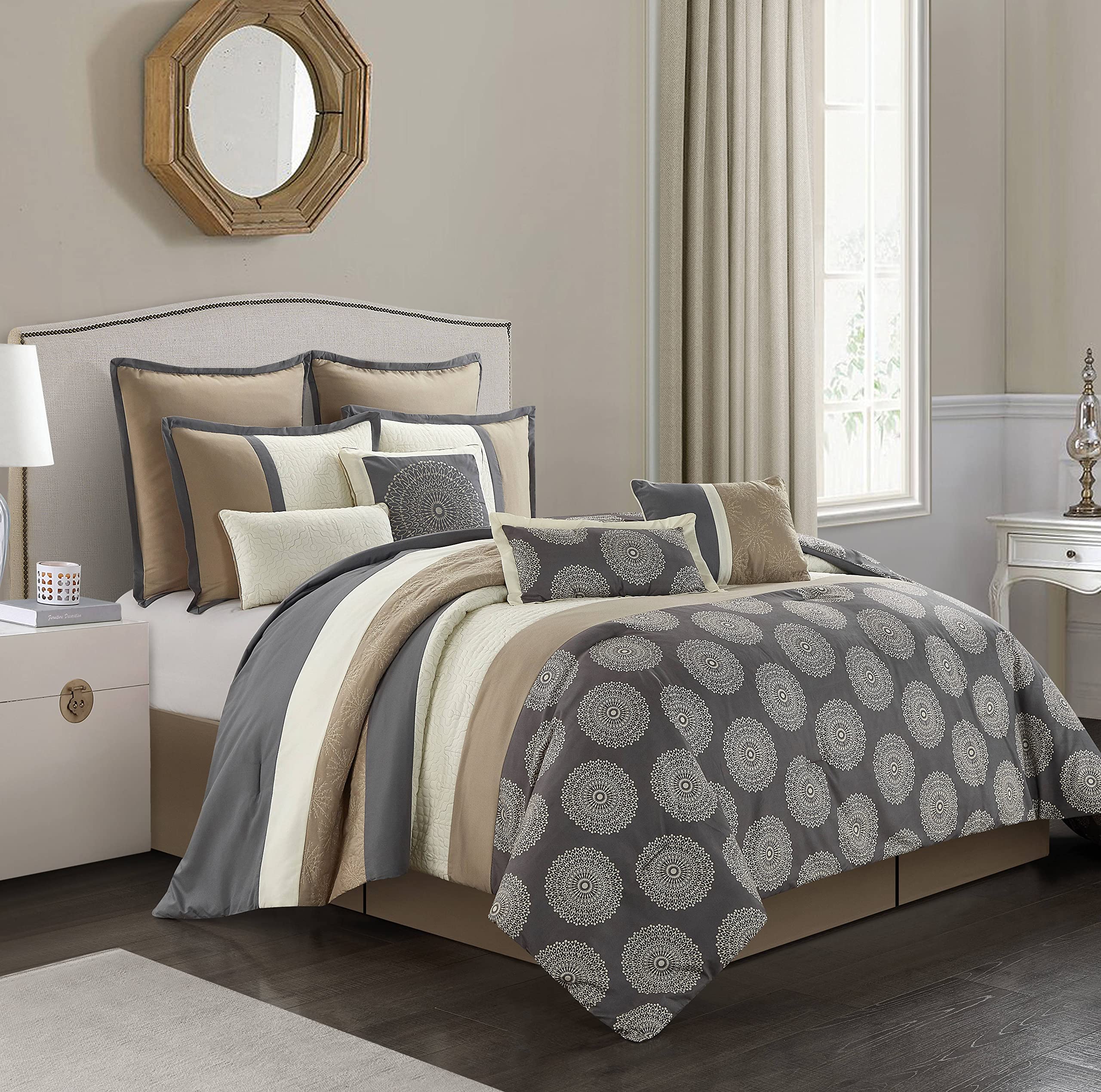 Grand Avenue Grey Comforter Set California King - 7 Piece, Pinch Tuck & Geometric Design