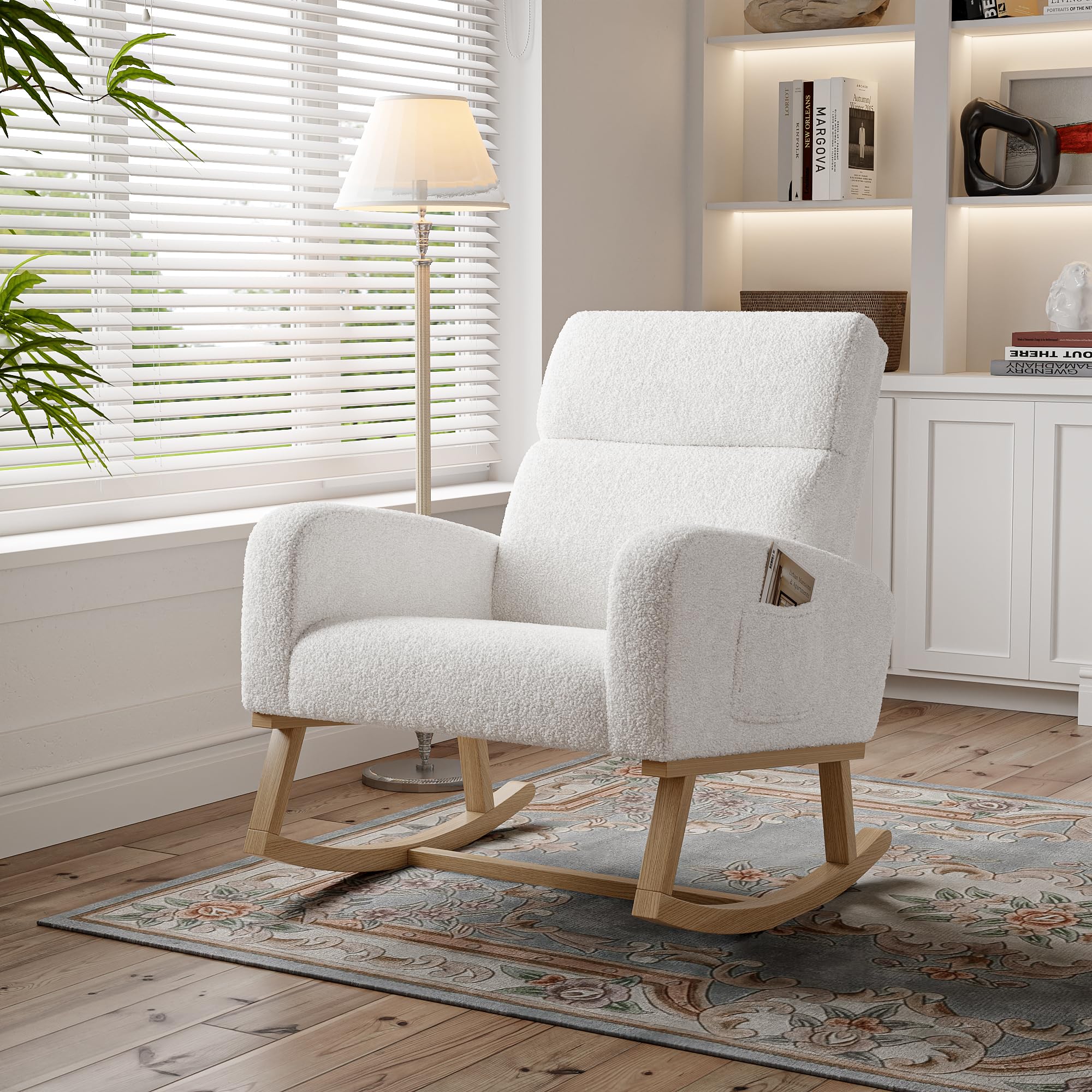 FEEOHOME Fotel bujany, fotel bujany, fotel do pokoju dziecięcego z drewnianymi nogami, fotel do karmienia piersią do sypialni i salonu (biały aksamit Teddy)