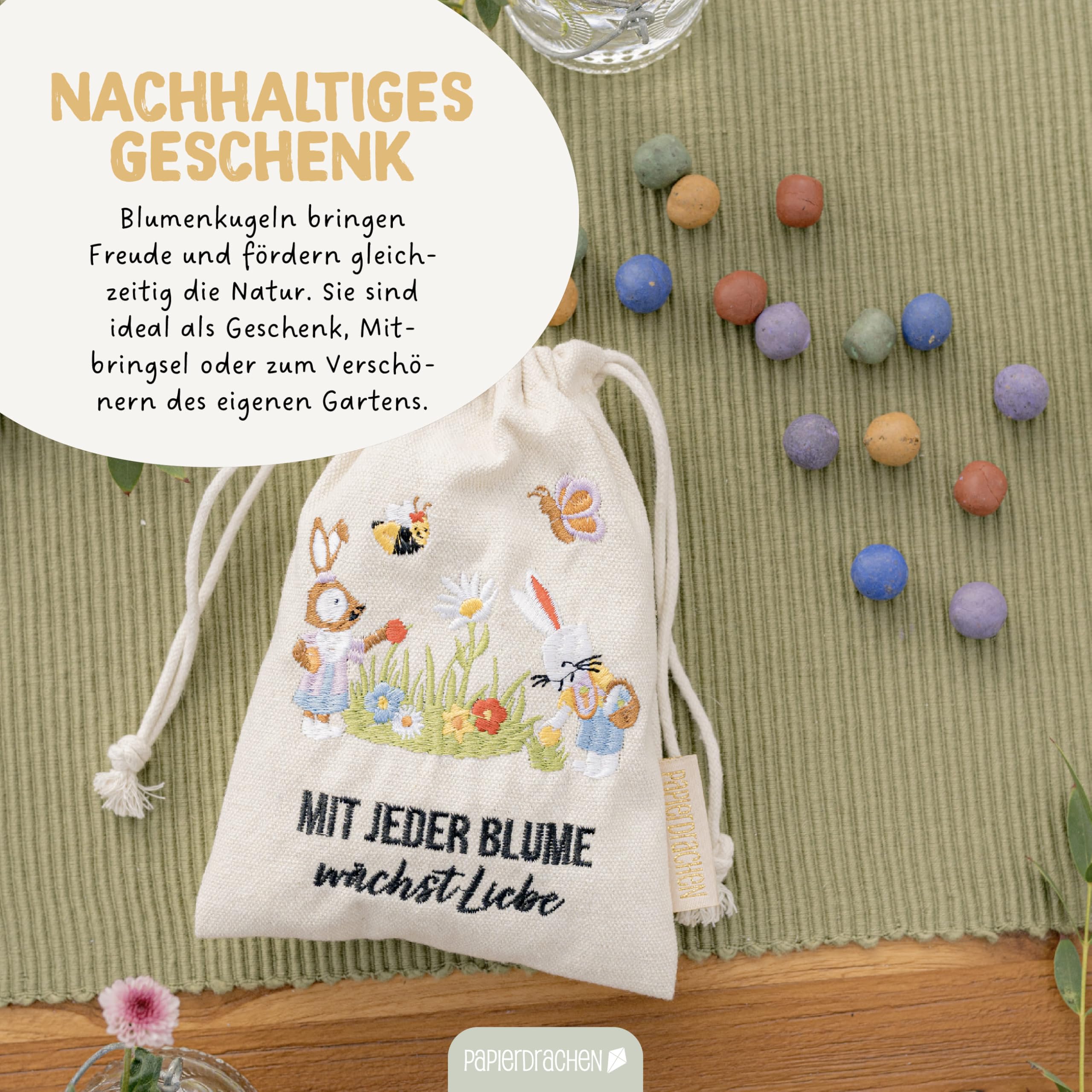 Papierdrachen 20 bolas de flores con saquito de conejo de Pascua – Semillas de flores – Pascua – Bordado colorido – Abejas – Regalo sostenible