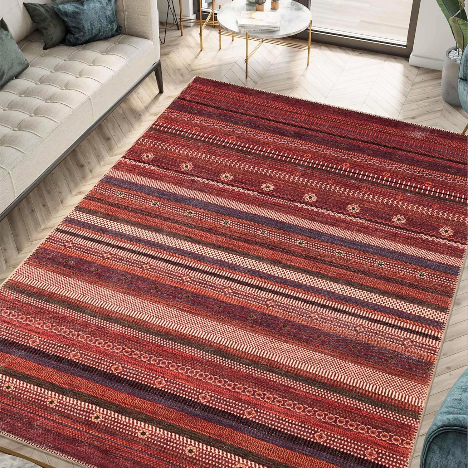 Tapis floral géométrique rouge marron au style rétro