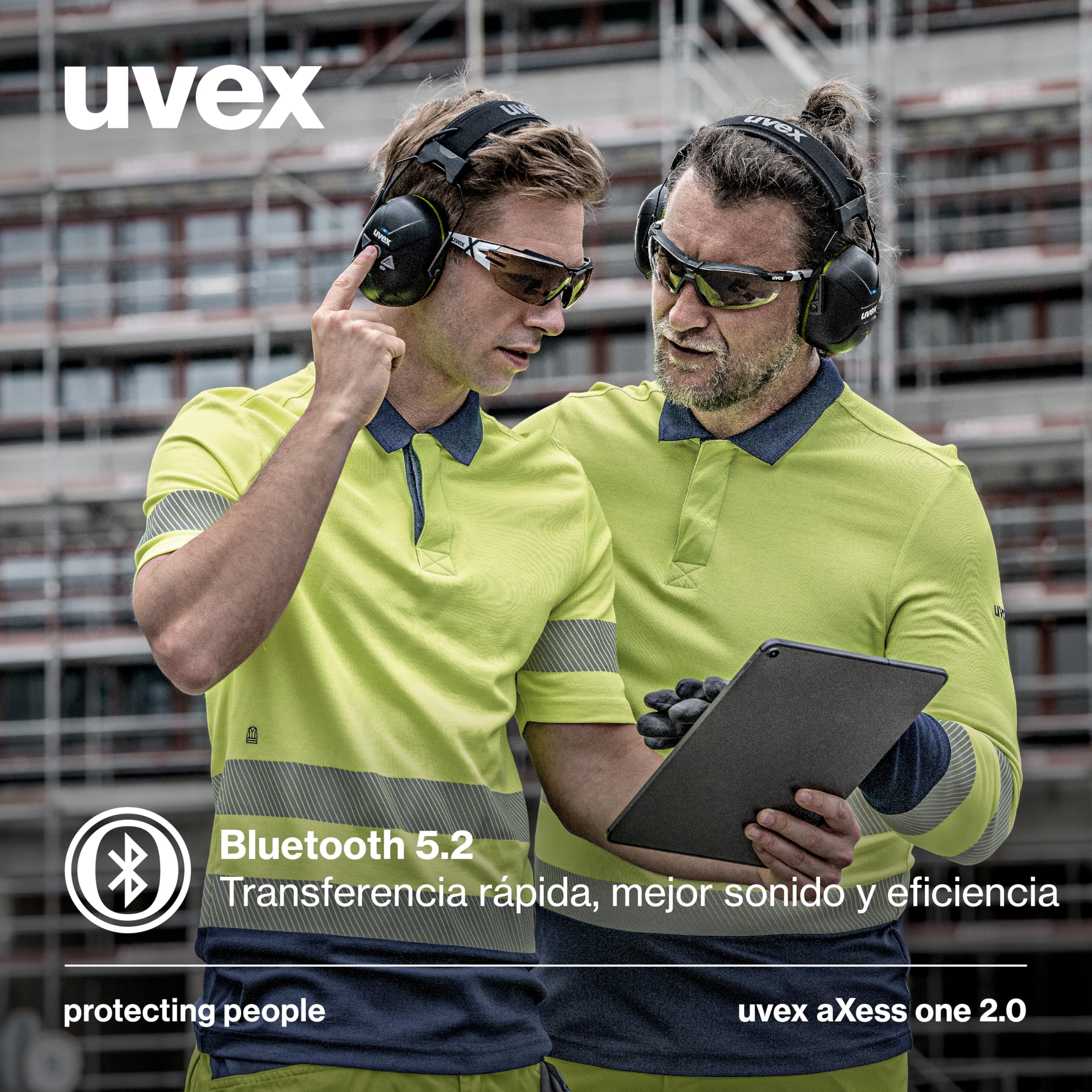 Uvex aXess One 2.0 - Protectores auditivos activos con tecnología Bluetooth 5.2 - SNR 31 dB e IP54 - Apto para exteriores - patillas robustas