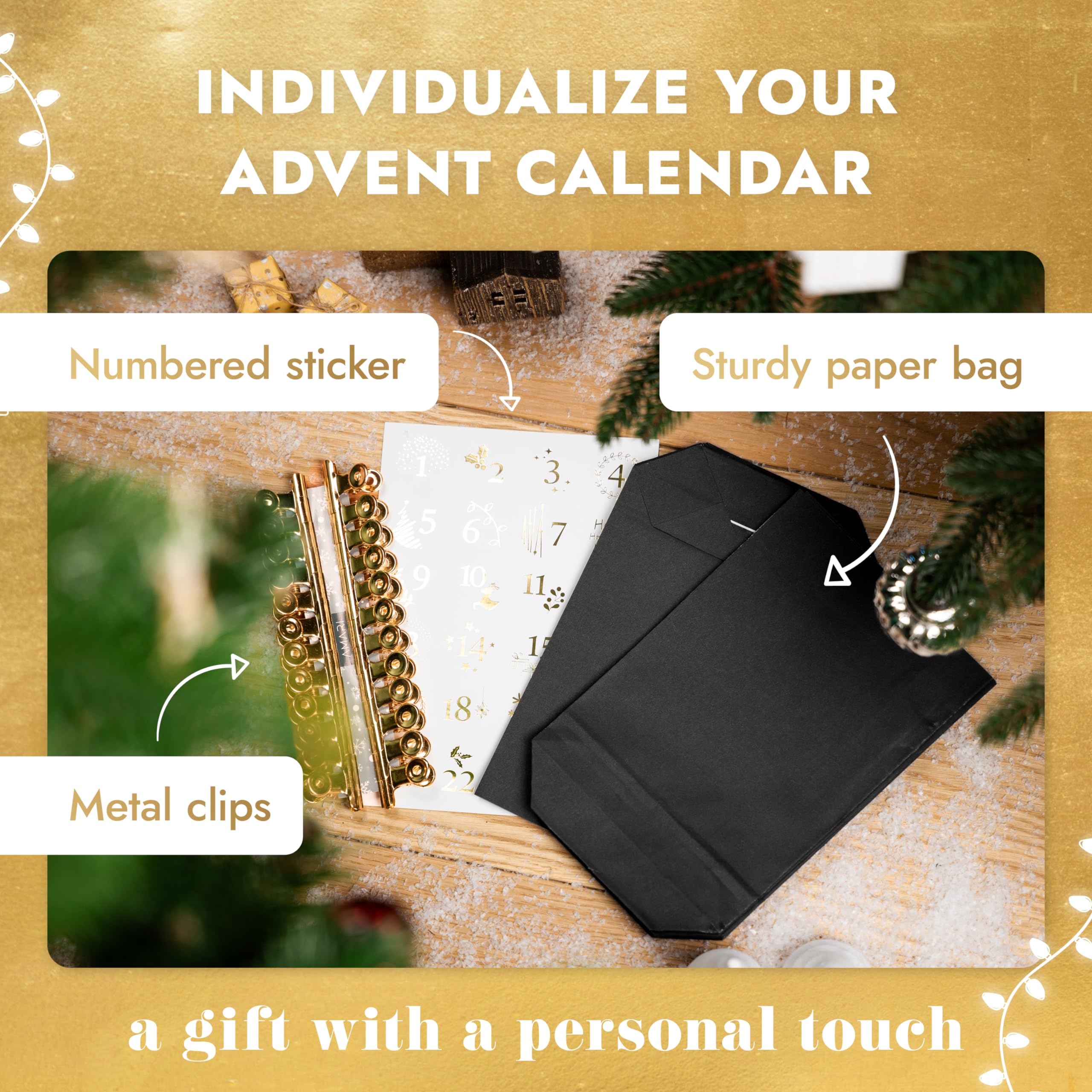 AMARI ยฎ Advent calendar to fill Premium Black, 24 Advent bags diy (with metal clips), Paper bags with numbers sticker - Image 4